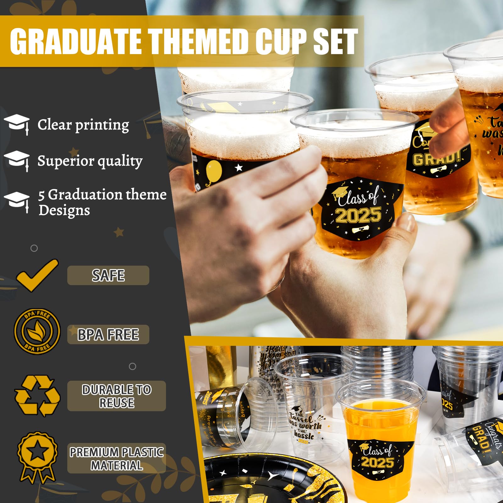 GuassLee 50-Pack 12oz Black and Gold Graduation Party Cups - Class of 2025 Disposable Plastic Drinkware for Graduation Decorations, Commencement Celebrations & Grad Party Supplies - Perfect for Graduation Ceremonies, After-Party Drinks & College Sendoffs