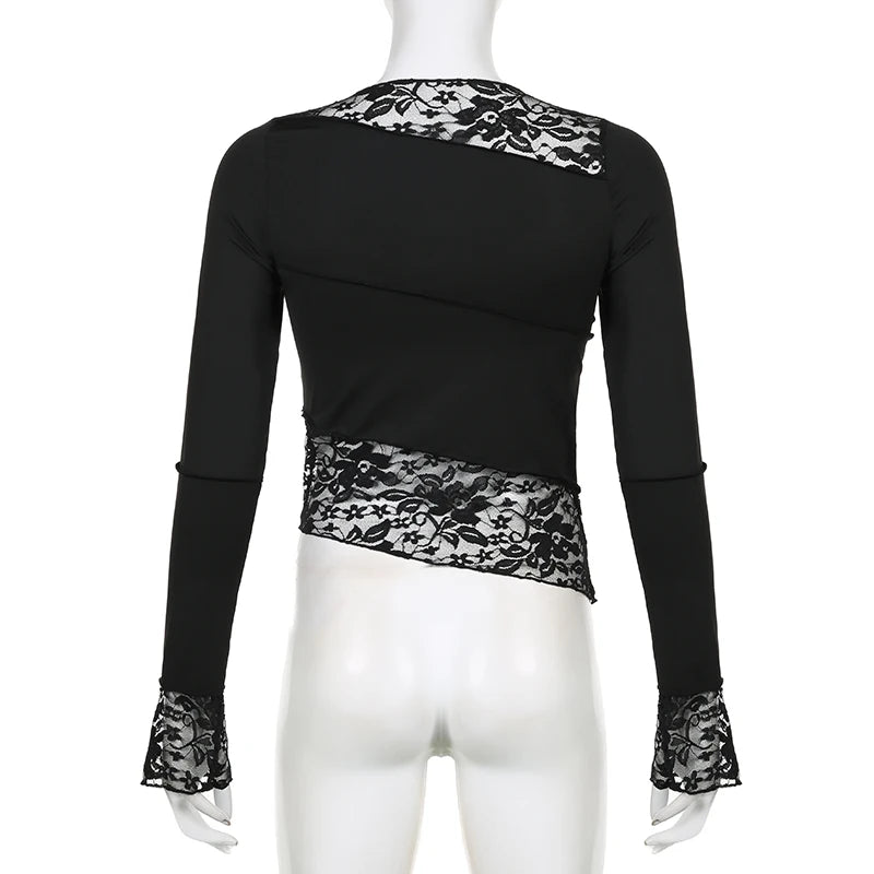 Women's Asymmetrical Stitched Skinny T-Shirt - Lace Spliced Fashion Crop Top for Party & Night Out | Elegant Slim Fit Tee for Casual Wear, Date Night & Club Outfits