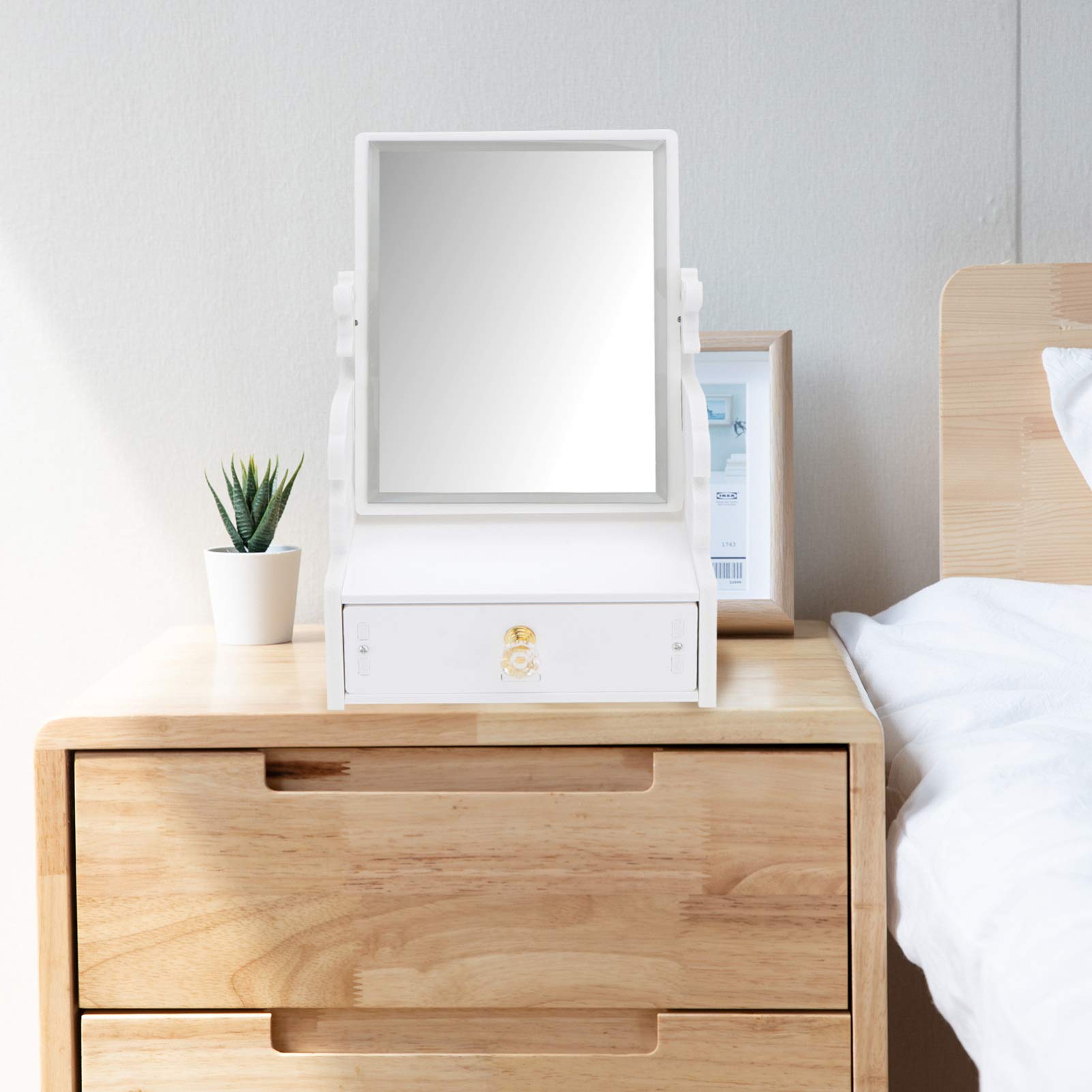Stylish Wooden Vanity Makeup Mirror with Drawer & Storage Organizer - Perfect for Bathroom, Dresser, and Countertop (Deer Design) | Ideal for Home Decor, Beauty Routine & Gift Giving