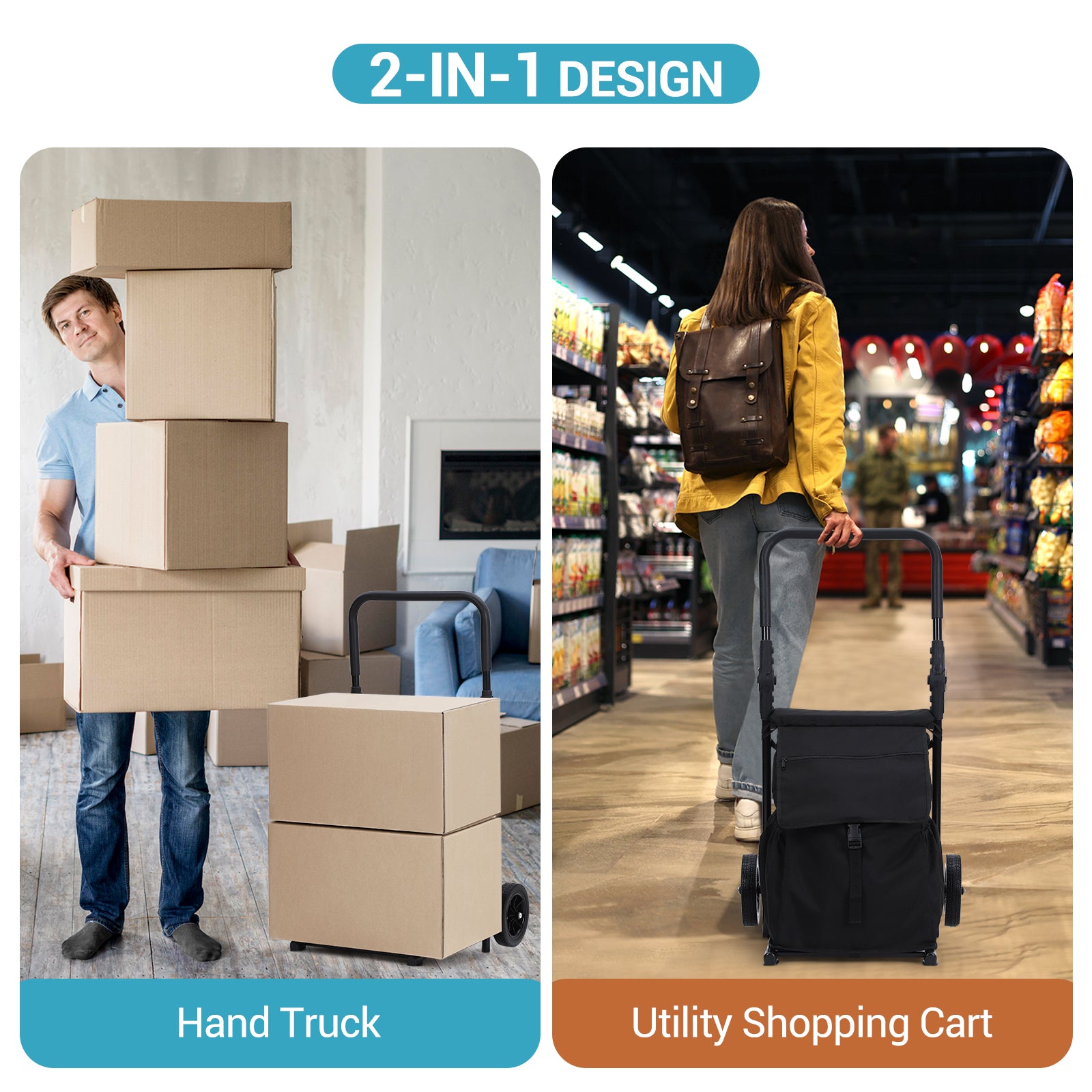 GARVEE 2 in 1 Foldable Grocery Cart with Cushioned Seat - Heavy Duty Hand Truck with Removable Waterproof Bag - Portable Utility Trolley for Shopping, Laundry & Outdoor Use - Rolling Shopping Cart for Supermarket, Beach & Picnic