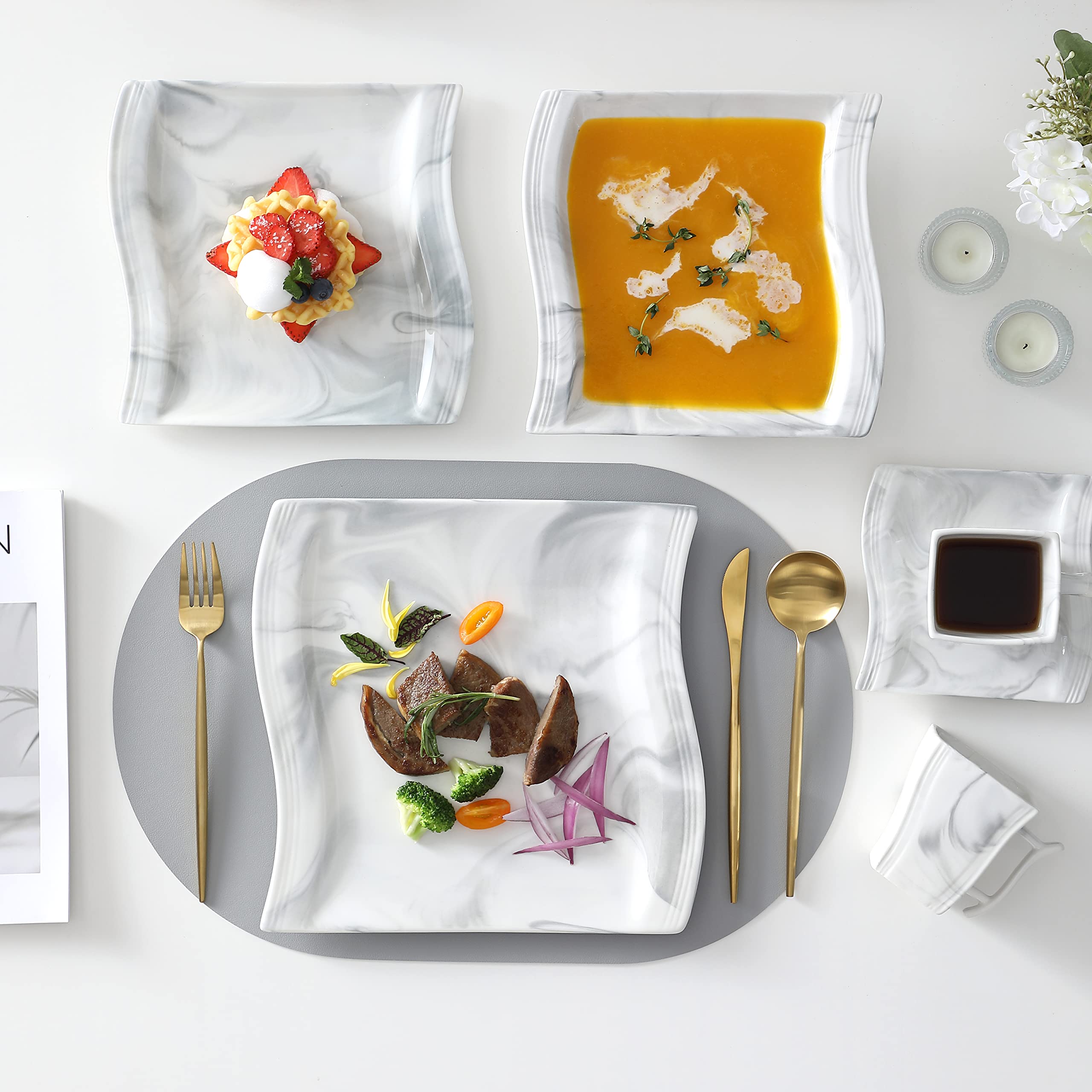 MALACASA 56-Piece Porcelain Dinnerware Set - Modern Square Plates, Bowls, Serving Platters, Cups & Saucers in Marble Grey (Flora Series) - Perfect for Dinner Parties, Family Gatherings & Restaurant Use