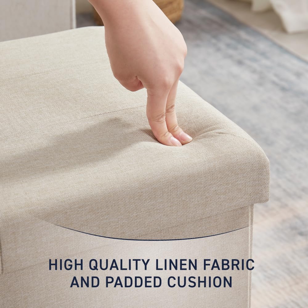 Ornavo Home 30 Inch Folding Storage Ottoman with Large Capacity - Multi-Functional Foot Rest & Bedroom Bench in Beige | Perfect for Living Room, Bedroom & Home Organization