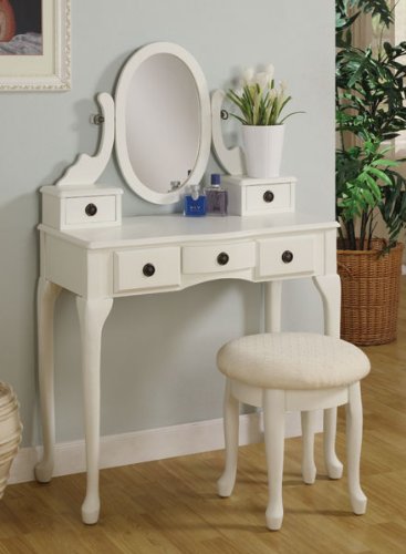 Elegant White Vanity Set with 5 Drawers, Round Cushion Stool & Mirror - Perfect for Bedroom Makeup & Dressing Table Organization
