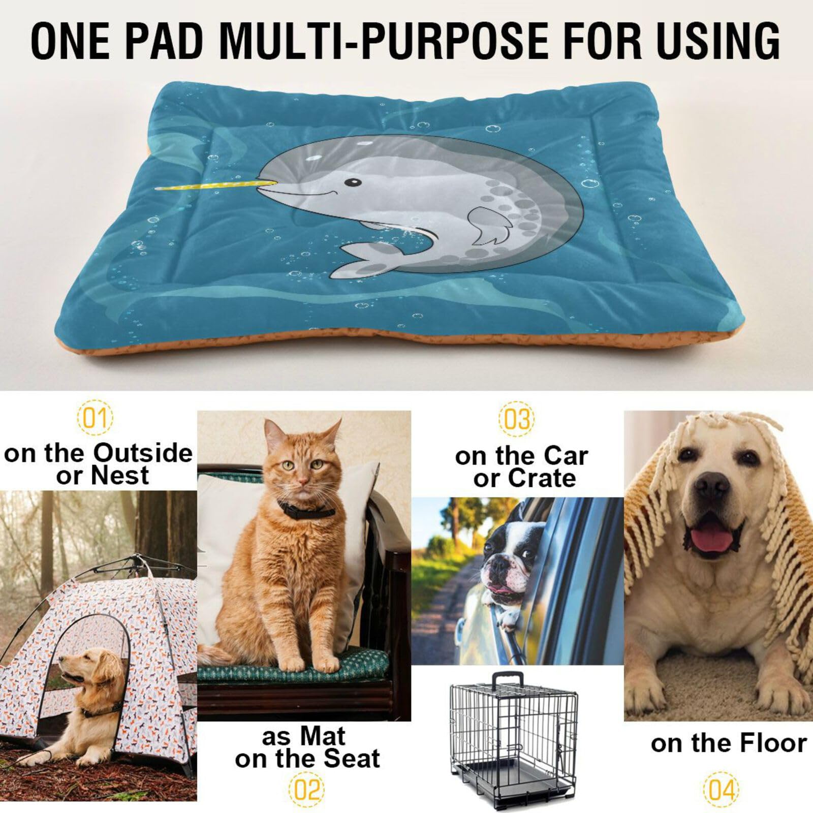 Unicorn Narwhal Dog Bed & Cat Bed - Rectangle Ultra Soft Comfortable Pet Bed for Small & Medium Dogs (24x18 Inches) - Calming Bed for Anxiety Relief, Perfect for Living Room, Bedroom or Crate