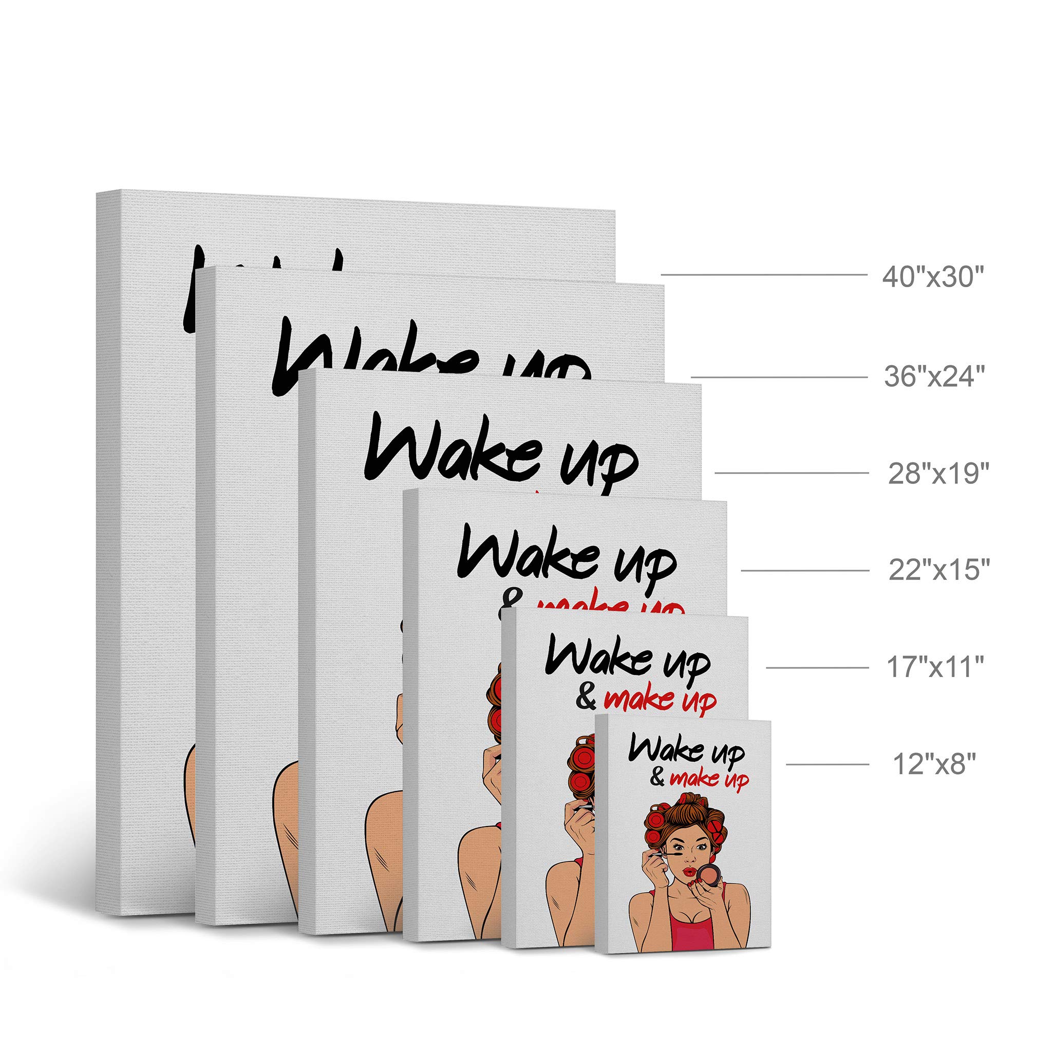 Smile Art Design Wake Up Make Up Canvas Print - Pretty Woman Bathroom Sign Wall Decor (40x30 Inches) | Ready to Hang Bathroom Wall Art, Home Decoration | Made in USA | Perfect for Powder Rooms, Guest Baths & Vanity Areas