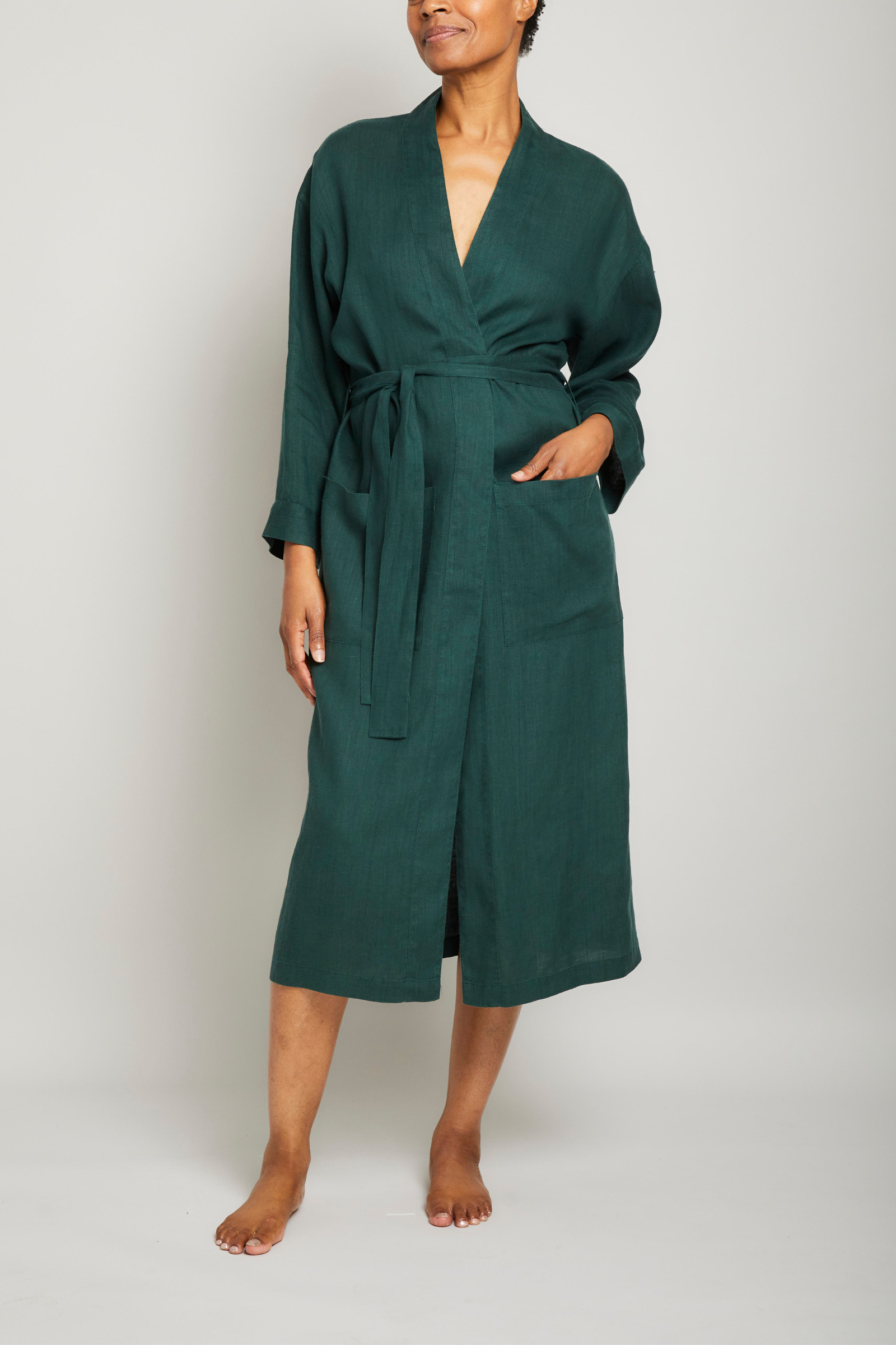 Premium Long Linen Robe for Women - Soft & Breathable Hunter Green Kimono - Perfect for Spa, Lounge & Beach Cover-Up
