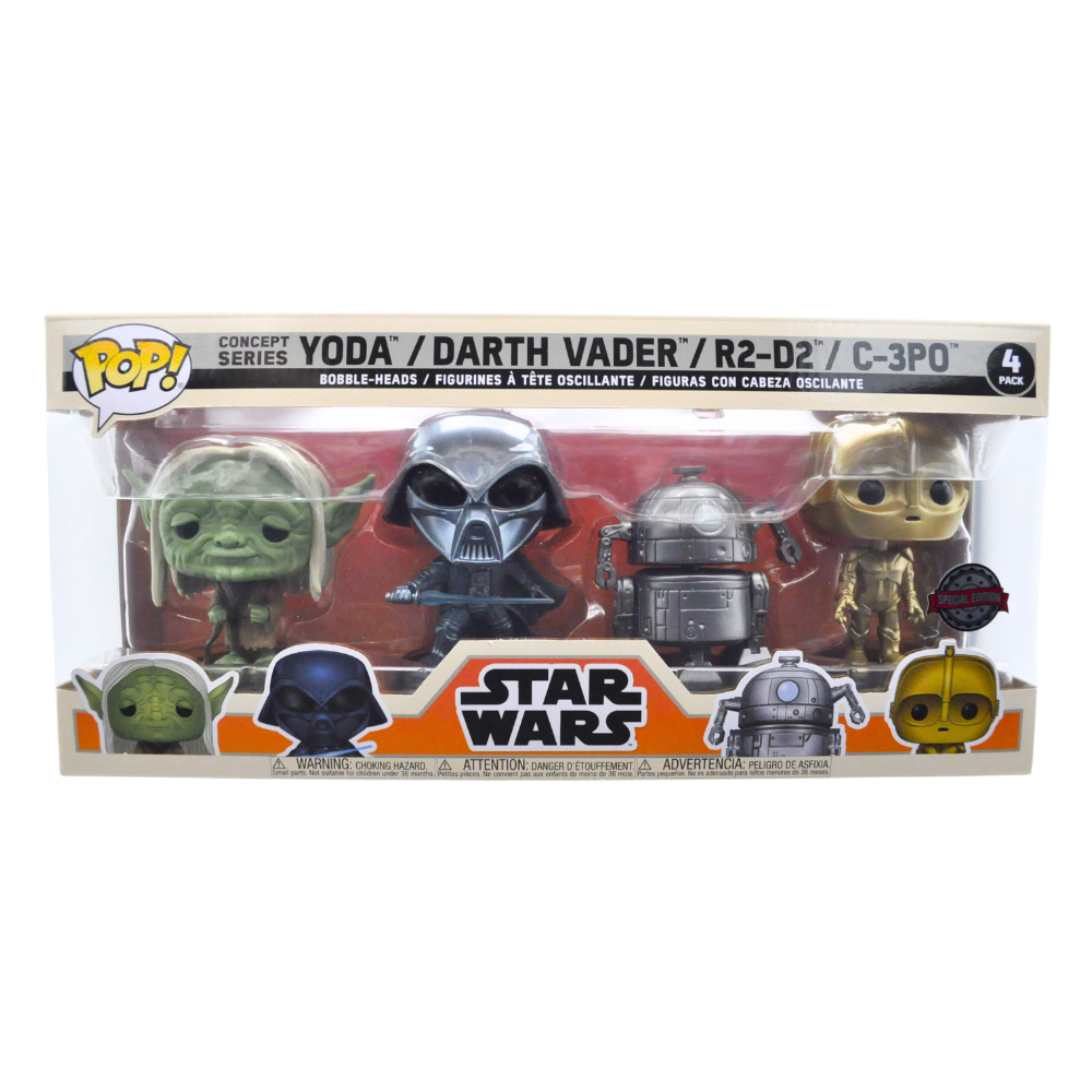 Funko Pop! Star Wars Concept Series 4-Pack: Yoda, Darth Vader, R2-D2 & C-3PO – Special Edition Exclusive Collectible Figures for Display & Gift Giving