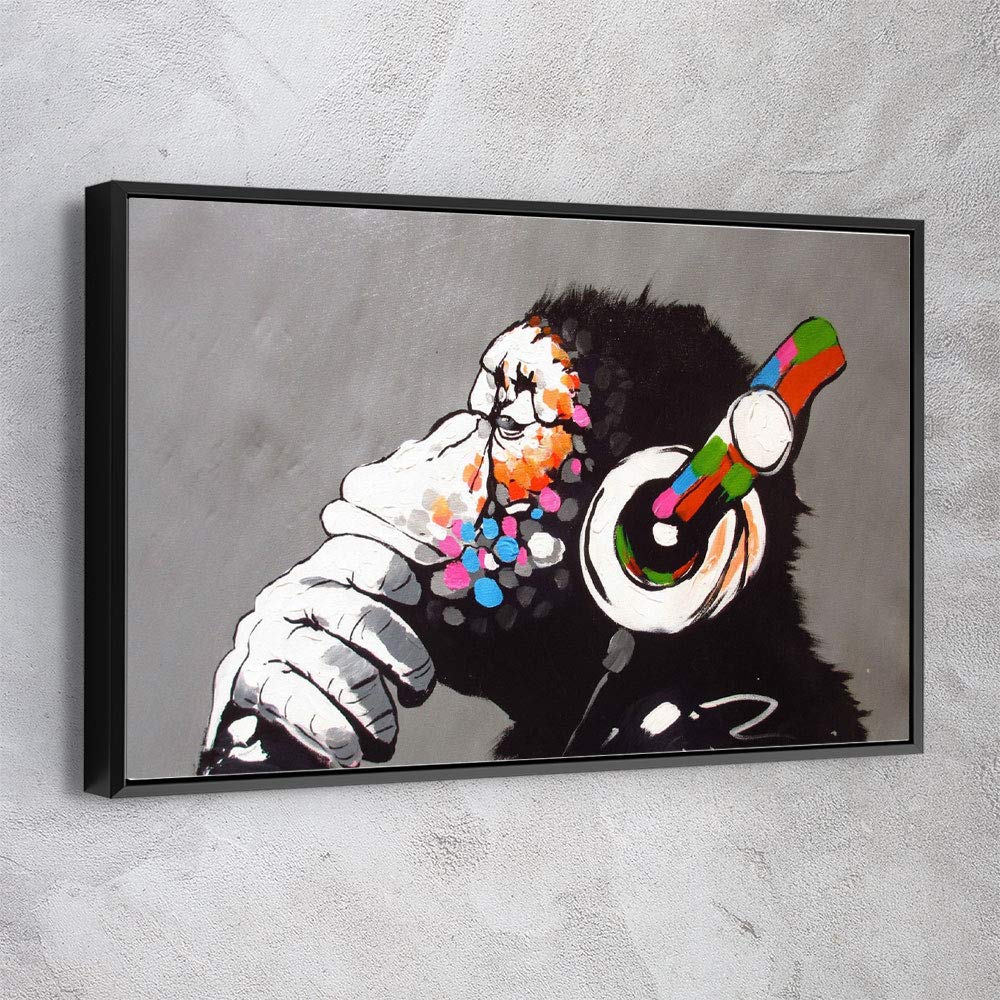 Banksy Inspired DJ Monkey Gorilla Canvas Wall Art - 45x30 Inch Modern Black Framed Ready to Hang - Made in USA | Perfect for Living Room, Bedroom & Office Decor