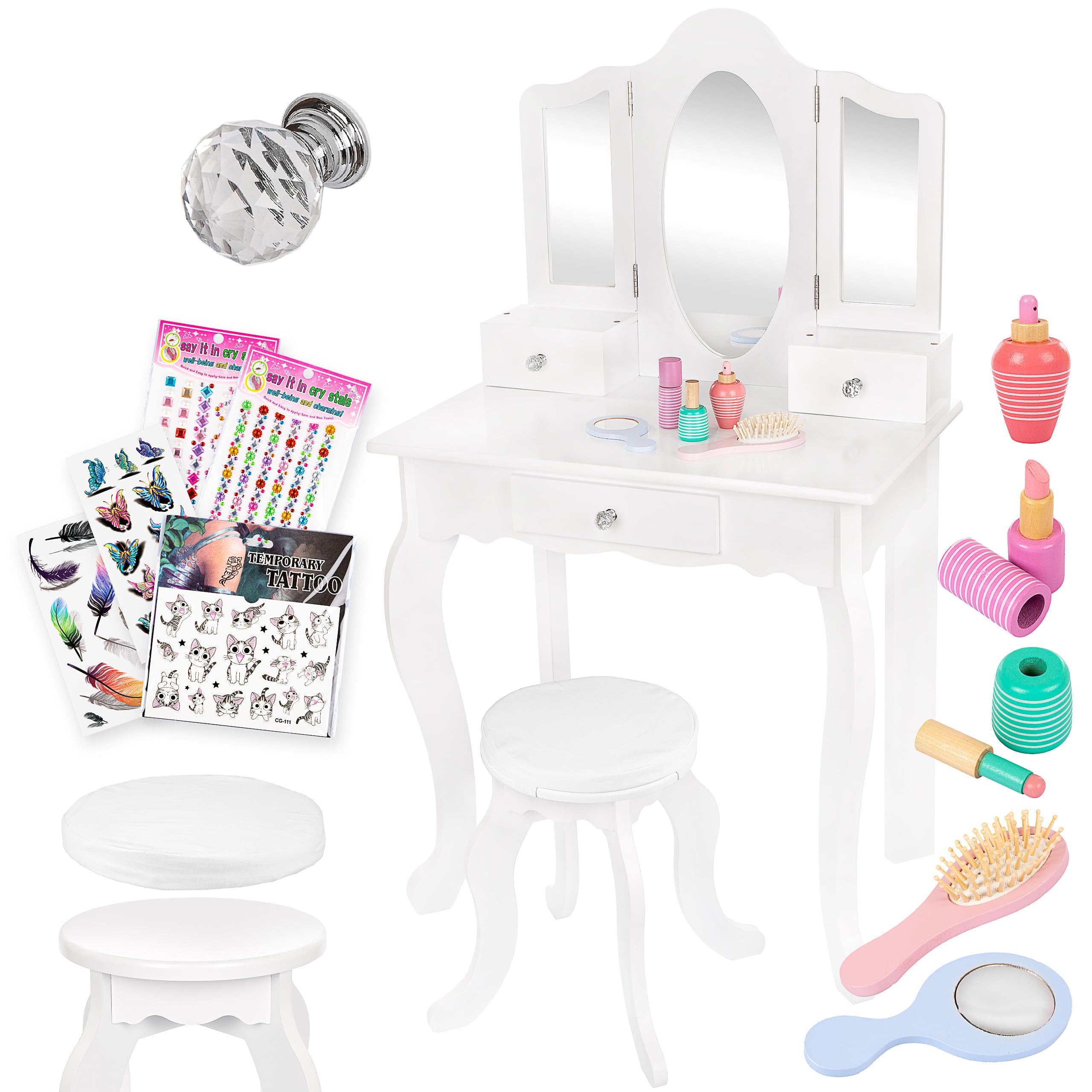 Wooden Kids Vanity Set with Mirror & Accessories - White Makeup Dresser Table with Drawers - Educational Toy for Girls Ages 3-6 Years (GS3302) - Perfect for Pretend Play, Birthday Gifts & Bedroom Decor