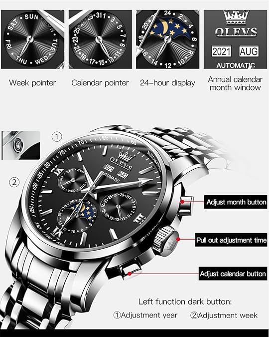 OLEVS Automatic Self-Winding Men's Luxury Watch - Stainless Steel Waterproof Mechanical Wristwatch with Moon Phase & Luminous Dial | Perfect for Business, Formal Events & Everyday Wear