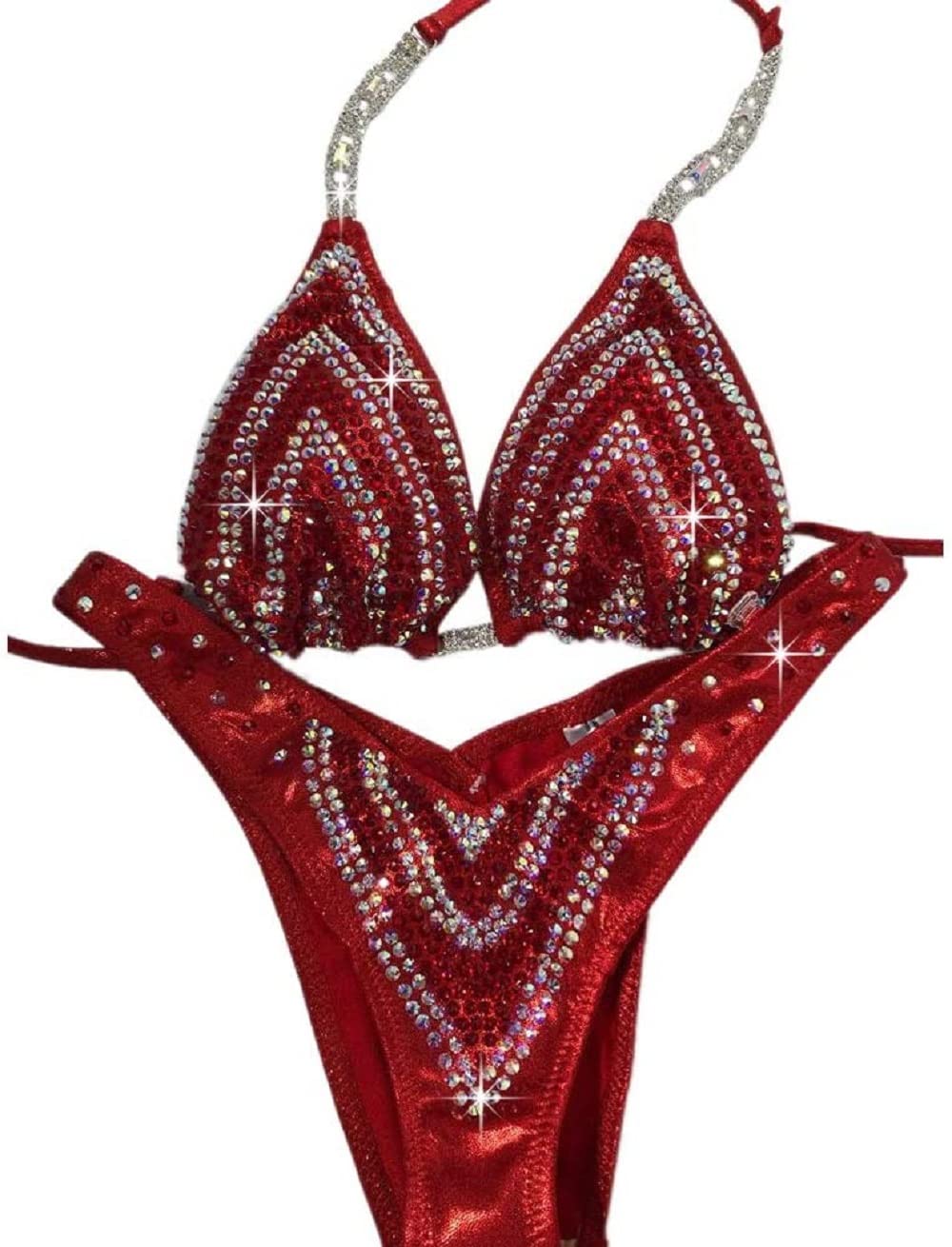 Red Crystal Bikini for NPC Physique Competition - High Cut Figure Posing Suit for Women's Bodybuilding Shows | Perfect for Stage Performances & Fitness Contests