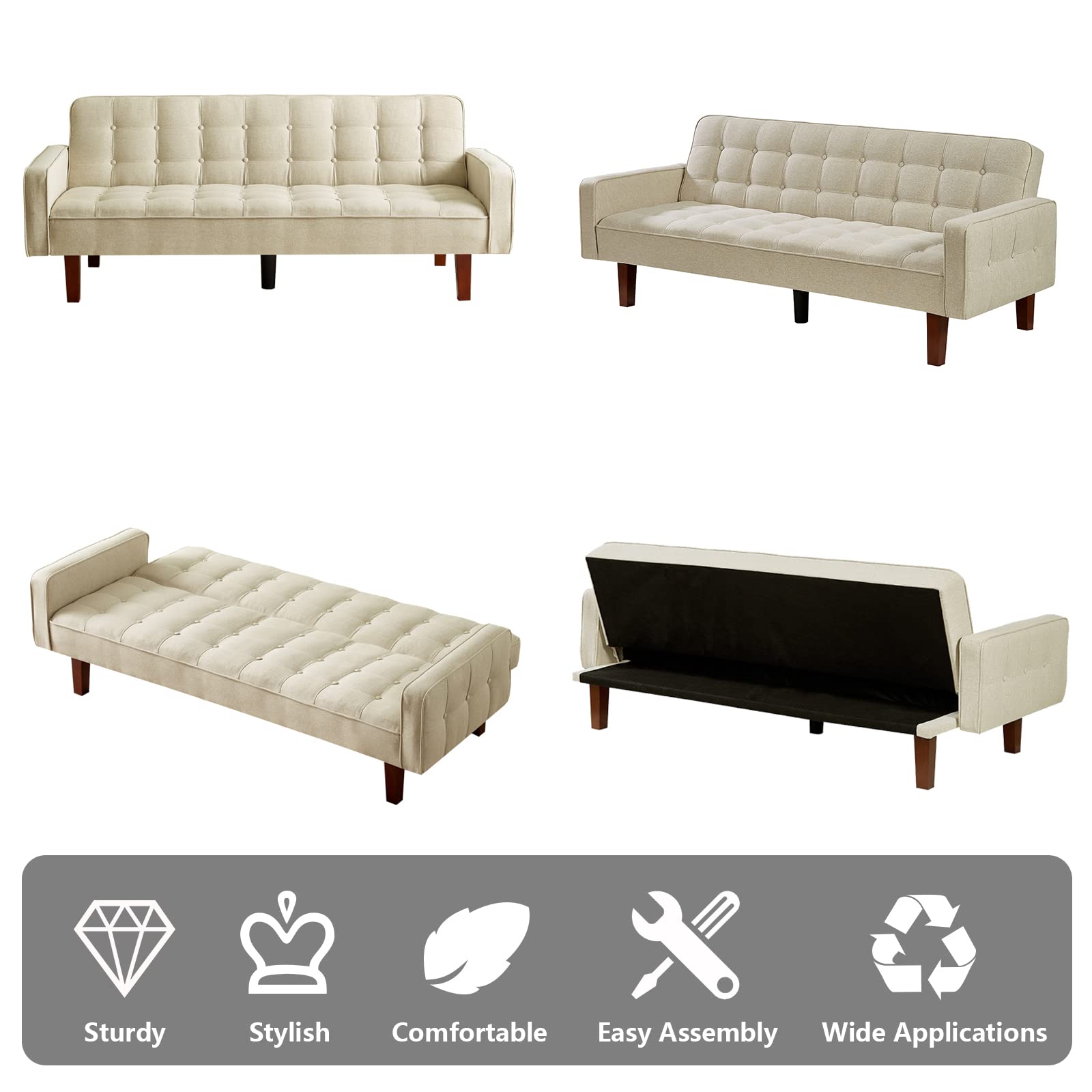Setawix 3-Seater Linen Futon Sofa Bed - Convertible Sleeper with Button Tufted Design & Reclining Arms for Living Room, Bedroom, Apartment - Perfect for Small Spaces & Guest Accommodation (Beige) | Modern Multi-Functional Furniture for Studio Apartments, Dorms & Cozy Home Decor