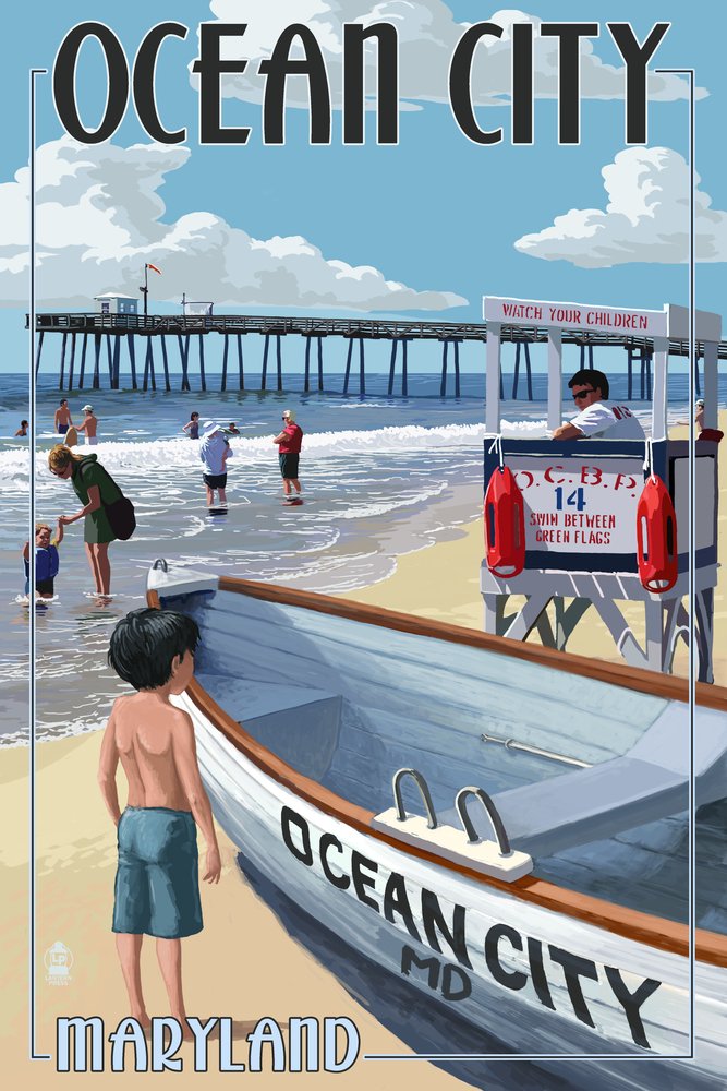 Ocean City Maryland Lifeguard Stand - 12x18 Inch Gallery Quality Metal Wall Art, Aluminum Home Decor for Beach House, Coastal Living Room, or Office