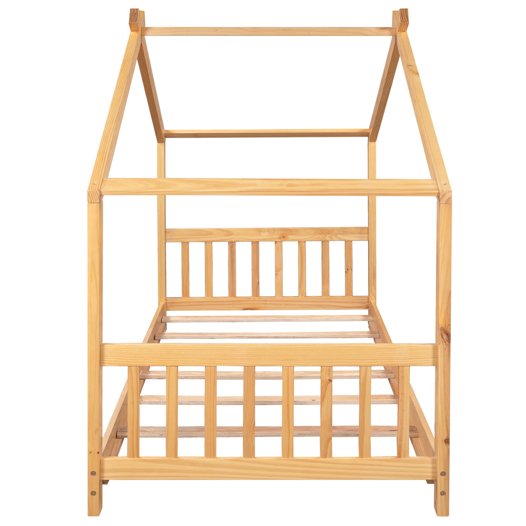 Harper & Bright Designs Wooden Twin House Bed for Kids - Natural Wood Toddler Bed Frame with Headboard & Footboard, Montessori Style Platform Bed, No Box Spring Needed - Perfect for Nursery, Bedroom & Playroom Decor