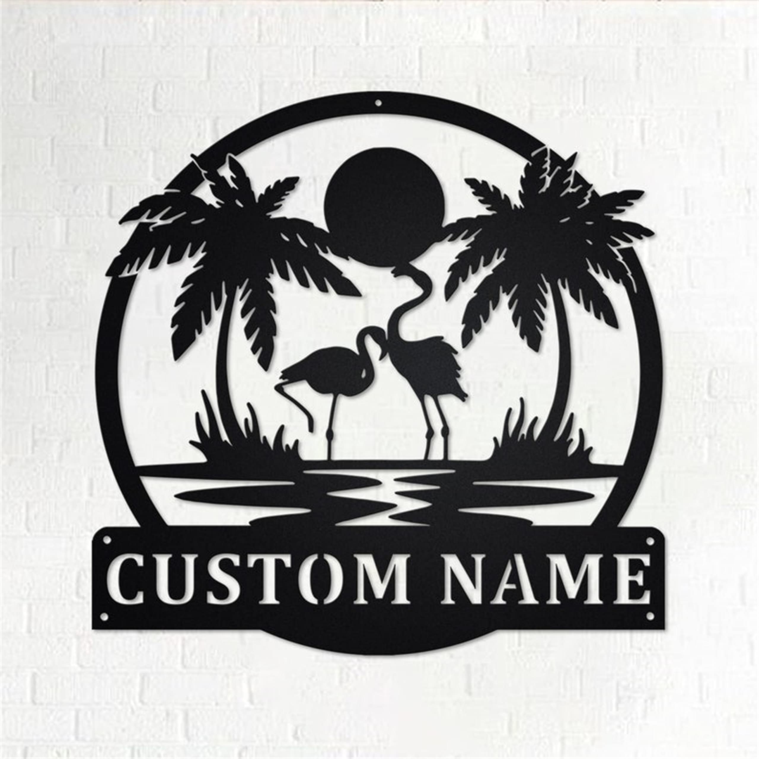 Custom Sunset Flamingo Metal Wall Art - Personalized Couple & Family Name Sign - 14 Inch Indoor/Outdoor Welcome Decor for Wedding, Housewarming & New Home Gifts - Perfect for Patio, Living Room & Garden Decor