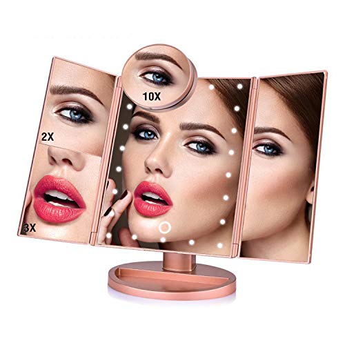 STUDIO LIMITED Black Tri-Fold Vanity Mirror with LED Lights - 10X, 3X, 2X, 1X Magnifying Makeup Mirror - USB Powered Touch Sensor Mirror for Professional Makeup Application & Skincare Routine (Black) - Perfect for Home Dressing Table, Salon, and Travel Beauty Kit