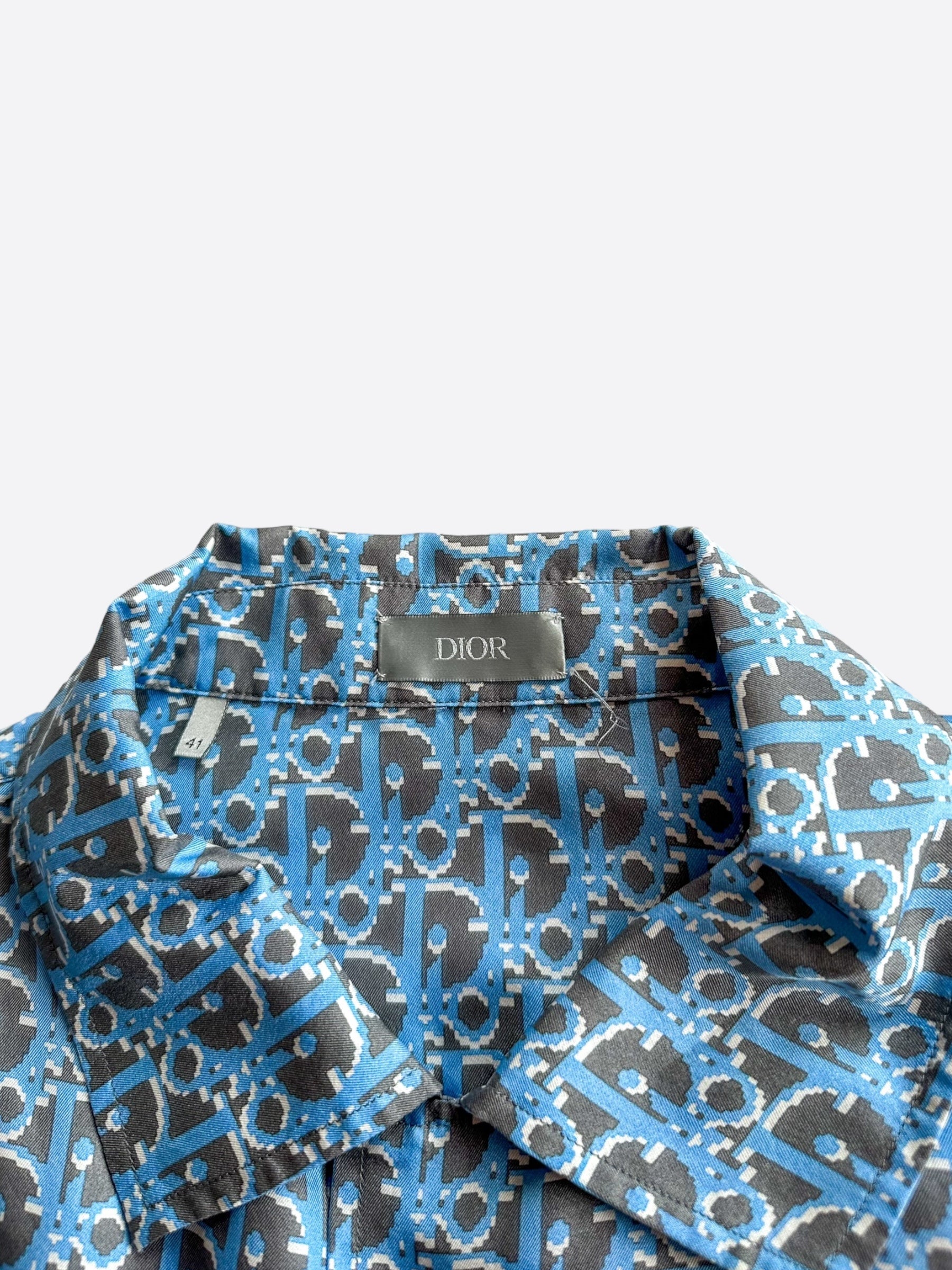 Dior Black & Blue Pixel Oblique Silk Button Up Shirt for Men - Luxury Designer Dress Shirt for Business & Formal Occasions