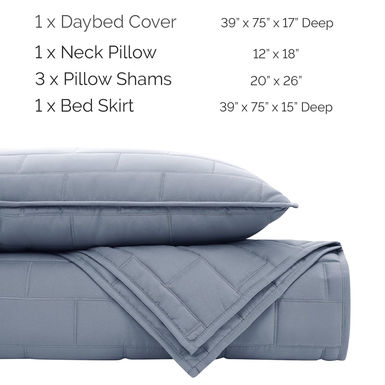 Southshore Fine Living 6-Piece Twin Daybed Comforter Set - Brickyard Slate Blue Quilted Bedding with Cover, 3 Pillow Shams, Bed Skirt & Throw Pillow | Perfect for Guest Rooms, Dorm Decor & Cozy Reading Nooks