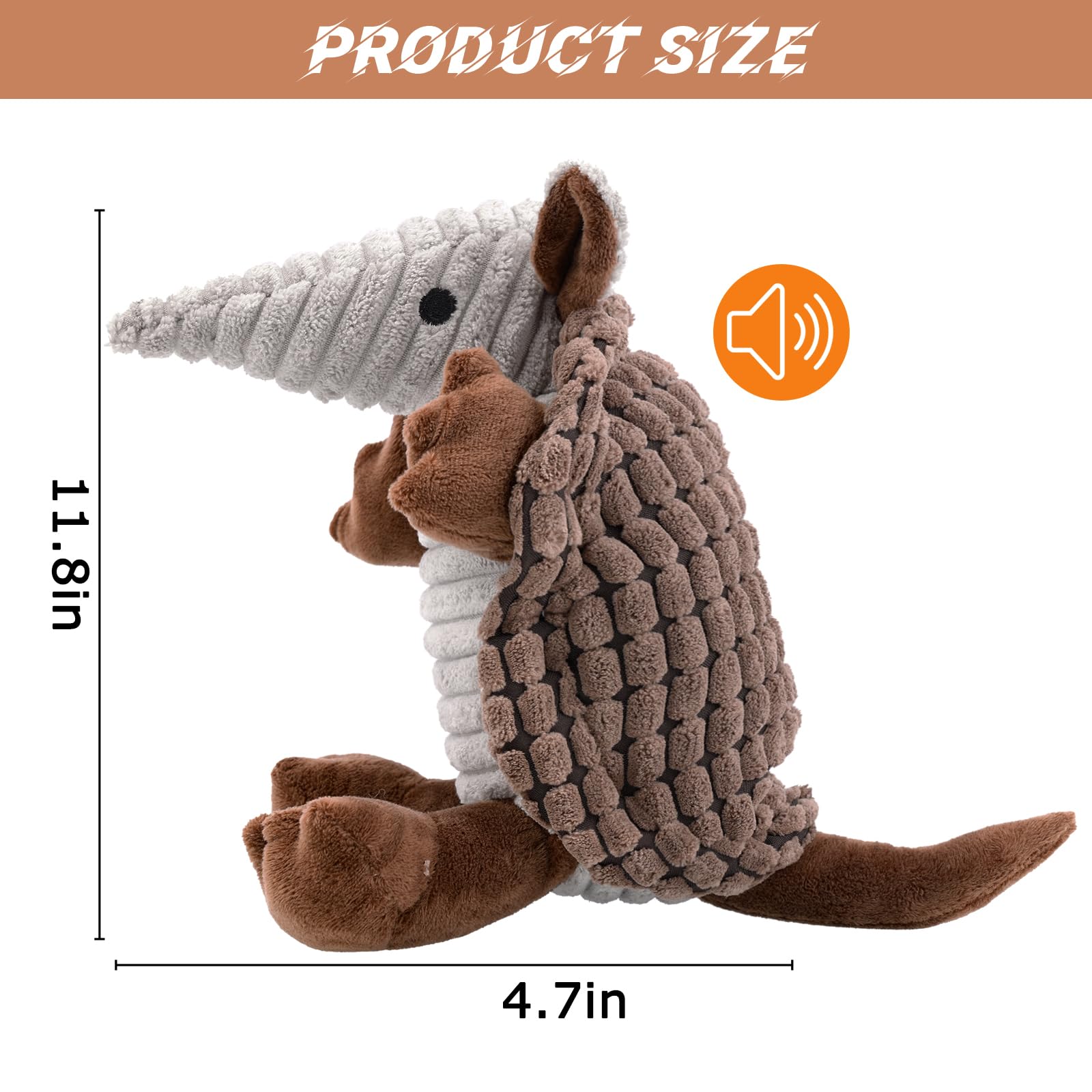 12 Inch Squeaky Plush Dog Toys for Small Medium Large Dogs - Armadillo Stuffed Chew Toy for Puppies & All Breeds | Promotes Clean Teeth & Dental Health | Perfect for Playtime, Training & Teething Relief (Brown)