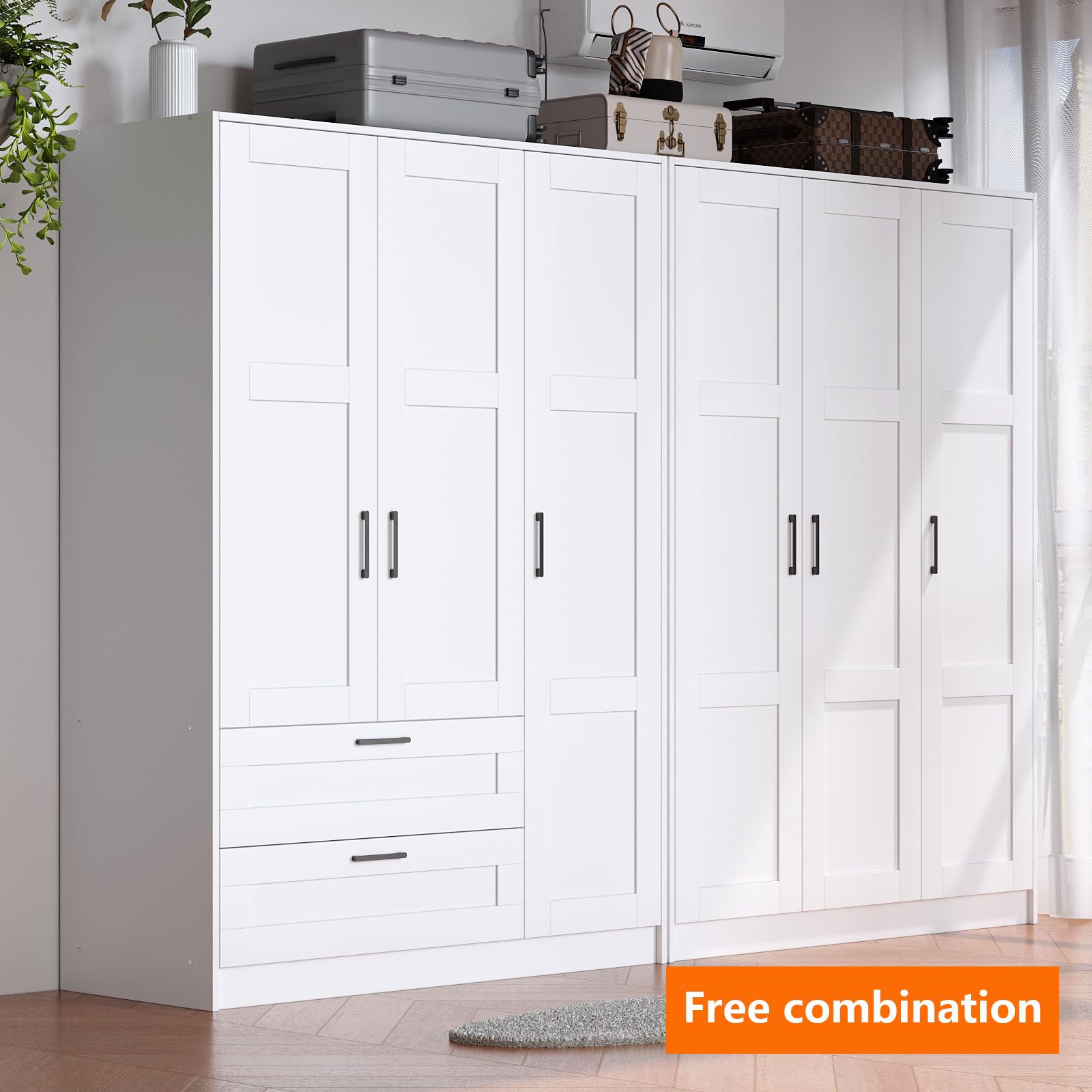 3-Door Wooden Wardrobe Closet Armoire with 2 Drawers & Shelves - White Freestanding Storage Cabinet for Hanging Clothes, Large Capacity Bedroom Organizer (Perfect for Master Bedroom, Guest Room, or Dorm Storage)