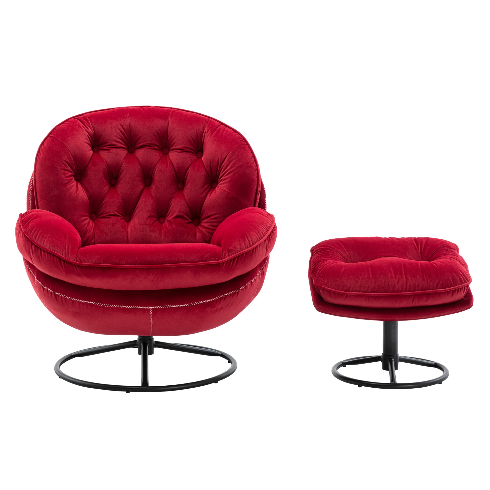 Velvet Swivel Accent Chair with Ottoman - 360 Degree Rotating Modern Armchair with Footrest for Living Room, Bedroom, Home Office - Soft Upholstered Lounge Chair with Sturdy Metal Base (Red) - Perfect for Relaxing, Reading & Watching TV