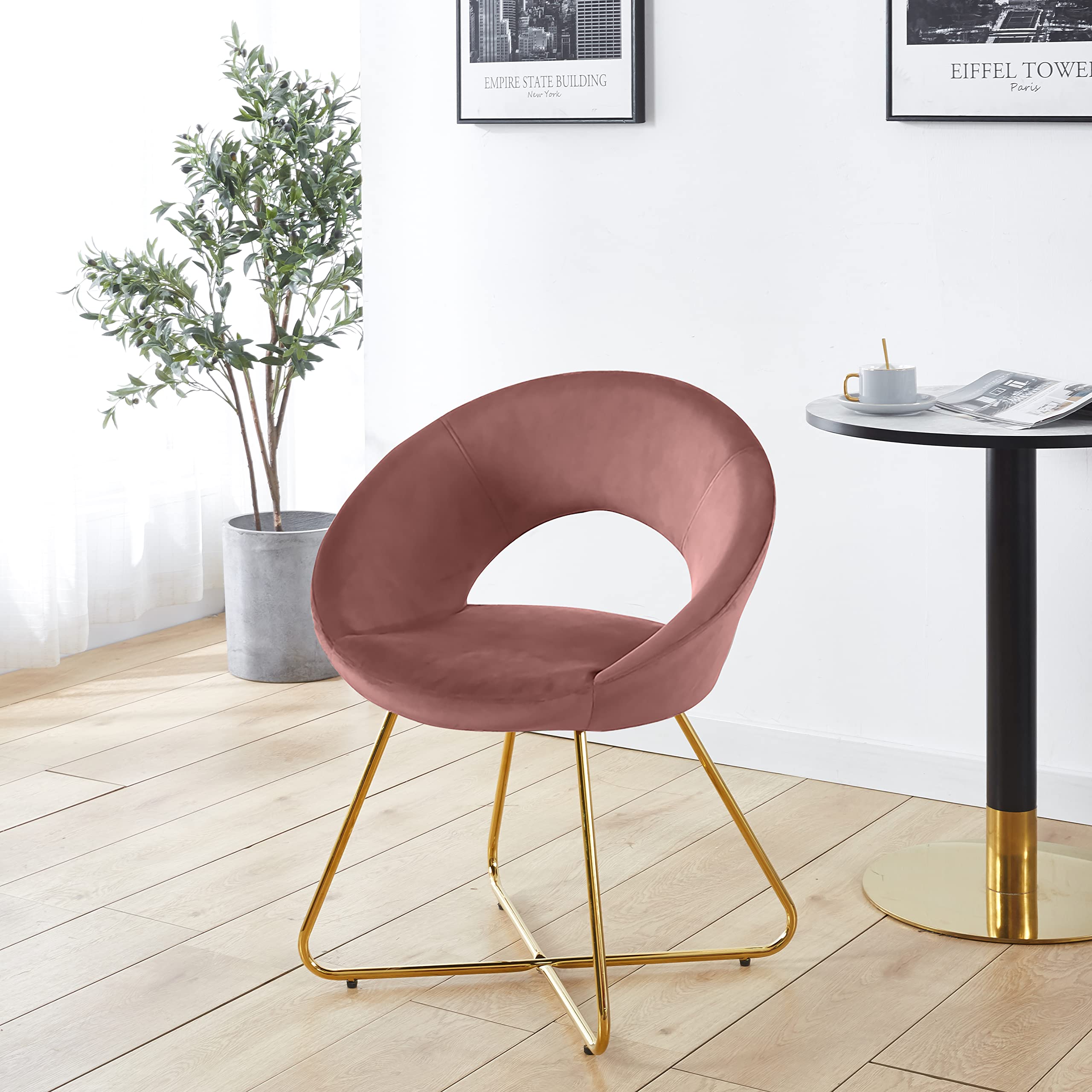 Luxury Velvet Accent Chairs Set of 2 - Modern Upholstered Comfortable Desk Chairs with Gold Base for Living Room, Bedroom & Dining Room | Perfect as Vanity Chair, Makeup Chair or Home Office Seating (Pink Velvet)