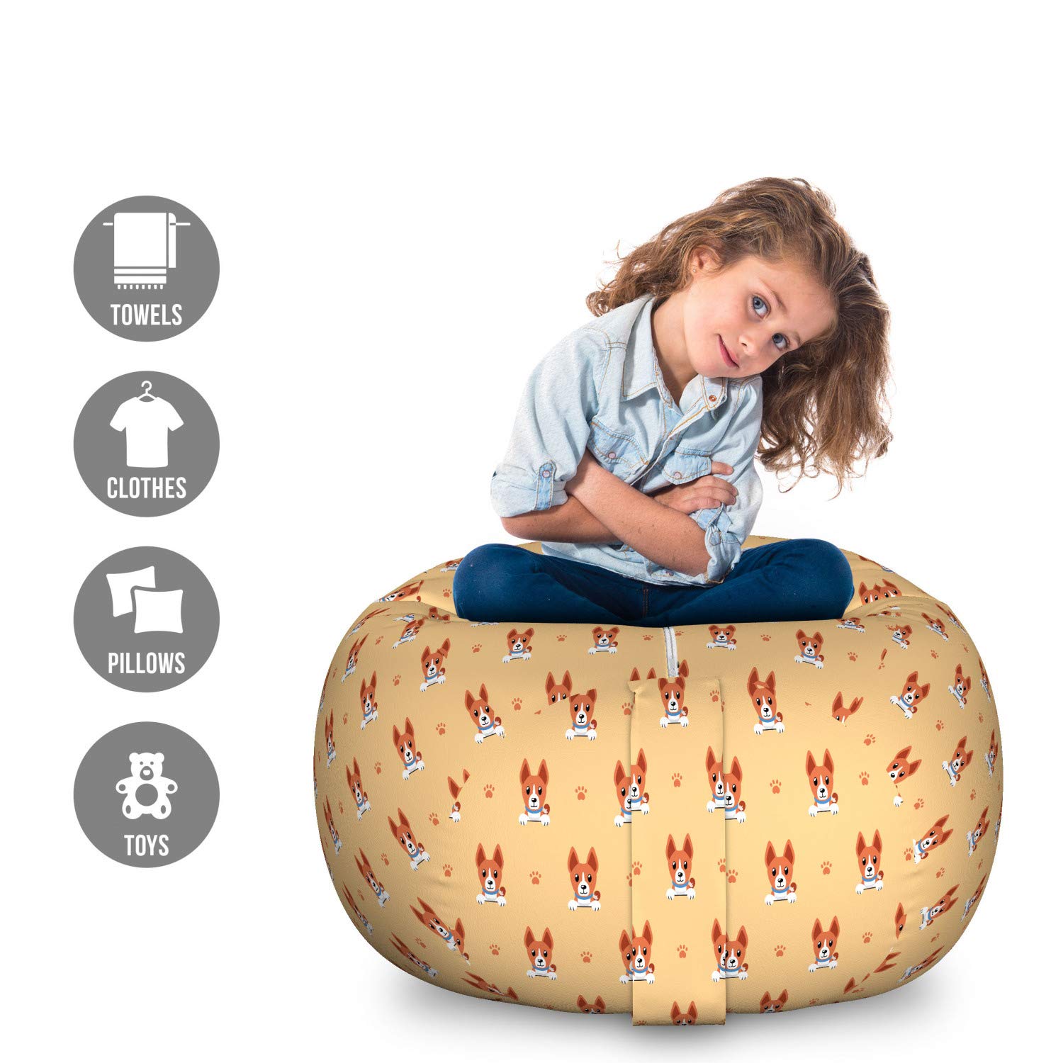 Ambesonne Large Washable Puppy Toy Storage Bag Chair - Minimal Cartoon Basenji Dog & Paw Print Pattern, Stuffed Animal Organizer (Brown Vermilion) - Perfect for Kids' Room, Nursery, Playroom & Pet Toy Storage