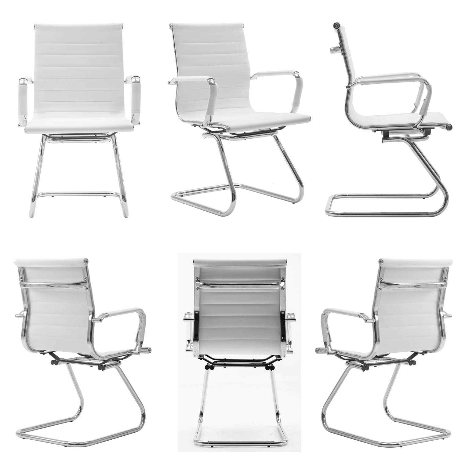 Wahson 4-Pack Office Guest Chairs - No Wheels Leather Mid Back Conference Chairs with Sled Base for Meeting Rooms, Lobby, Reception & Restroom - White (Perfect for Business Offices, Waiting Areas & Professional Spaces)
