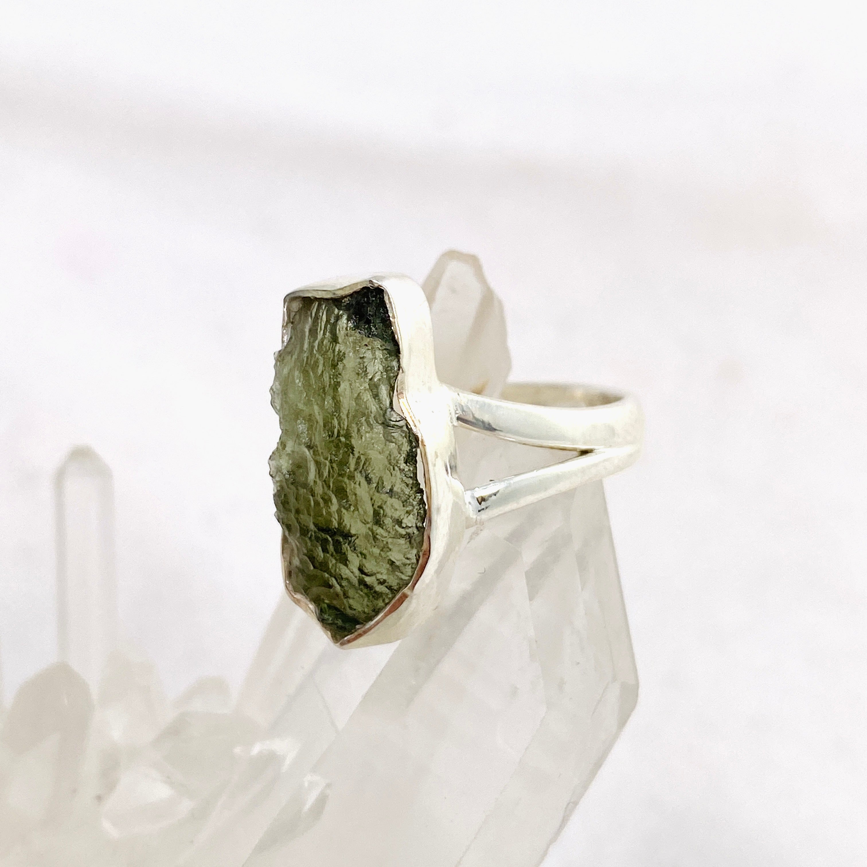 Natural Moldavite Raw Split Band Ring - Size 6 (KRGJ3356) | Handmade Bohemian Jewelry for Women, Wedding, Engagement & Spiritual Healing