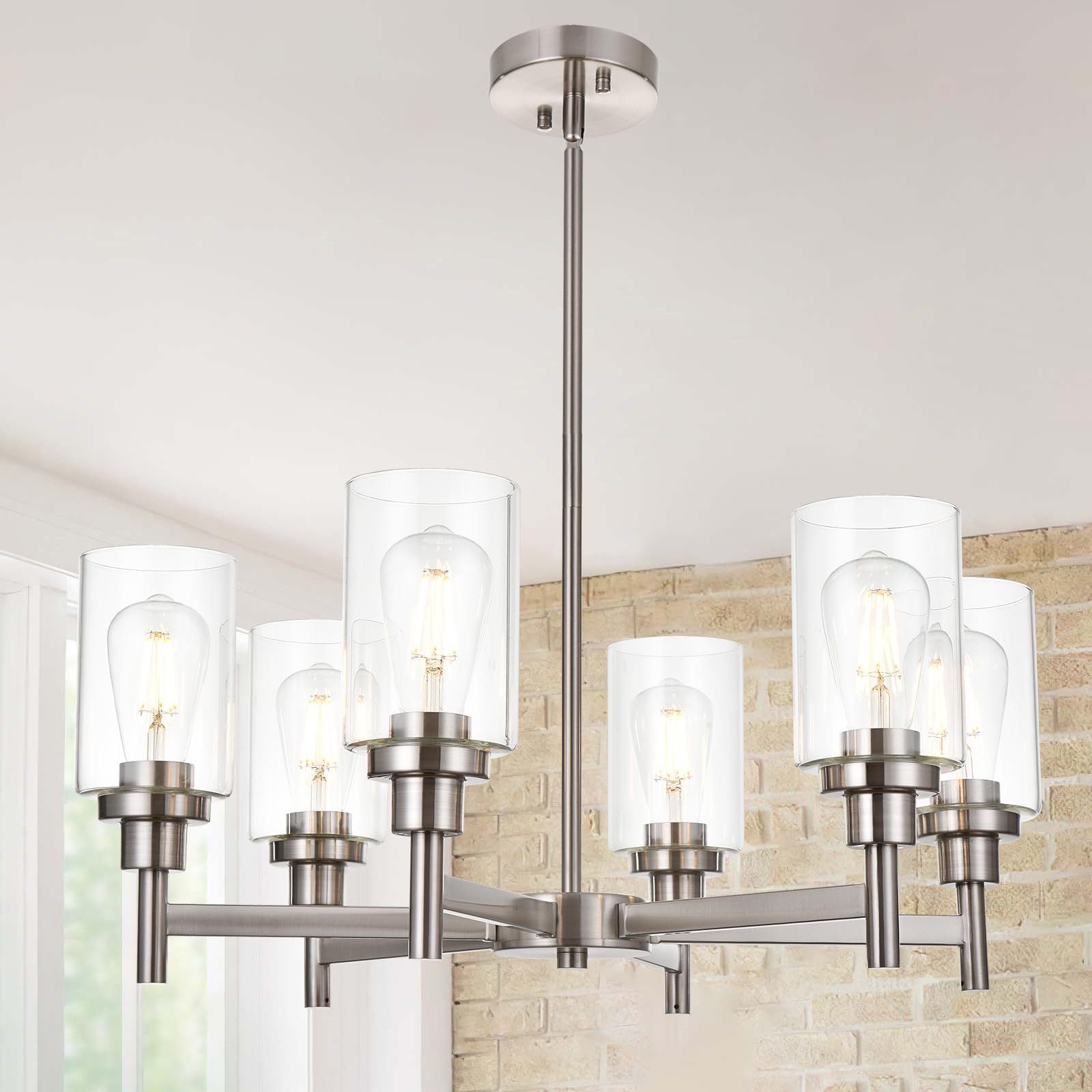 VINLUZ 6-Light Modern Chandelier with Brushed Nickel Finish & Clear Glass Shades - Contemporary Cylinder Pendant Lighting Fixture for Dining Room, Living Room, Kitchen | Perfect for Home Decor, Interior Design, and Ambient Lighting