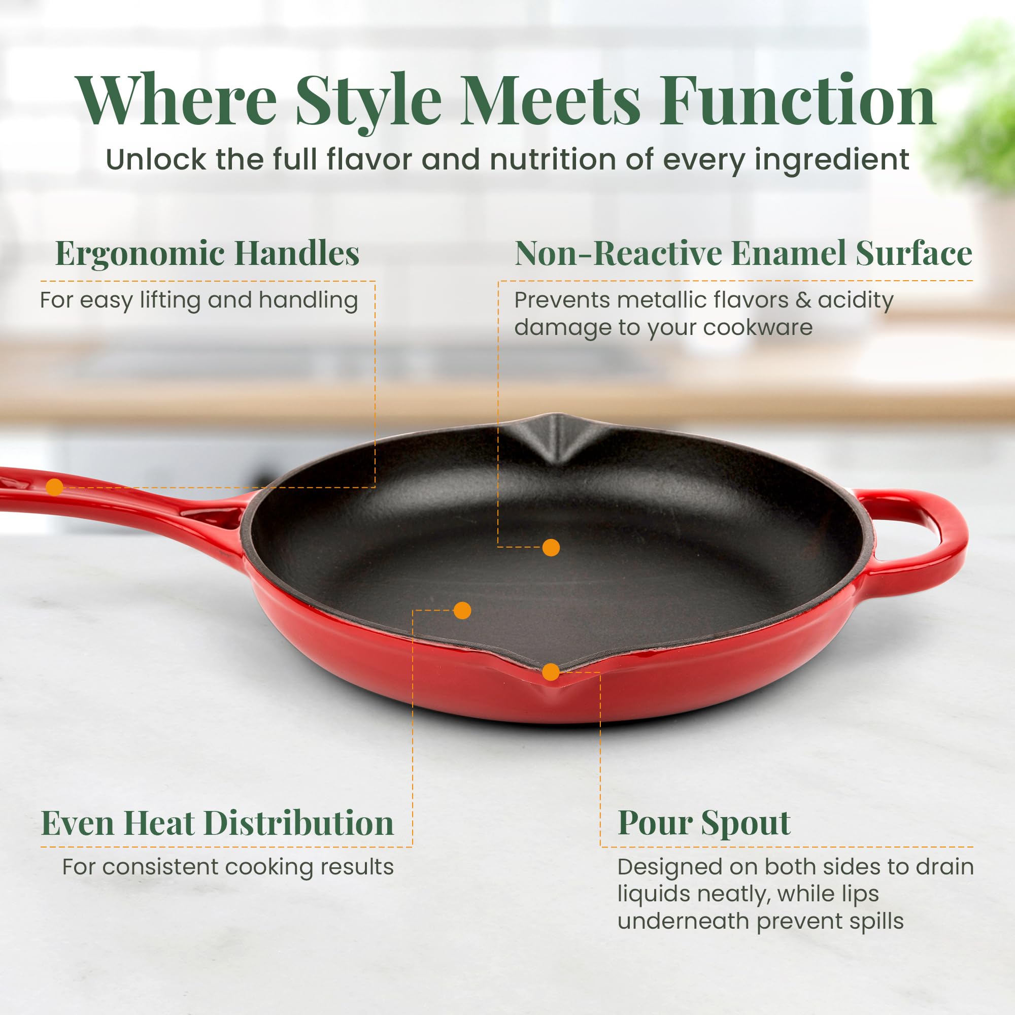Premium Enameled Cast Iron Skillet 10.25 Inch - Oven Safe to 500°F - Nonstick Enamel Coating - Pour Spouts - Works on All Cooktops (Gas, Electric, Induction) - Perfect for Searing, Frying, Baking & Stovetop-to-Oven Cooking - Elegant Cabernet Red Color