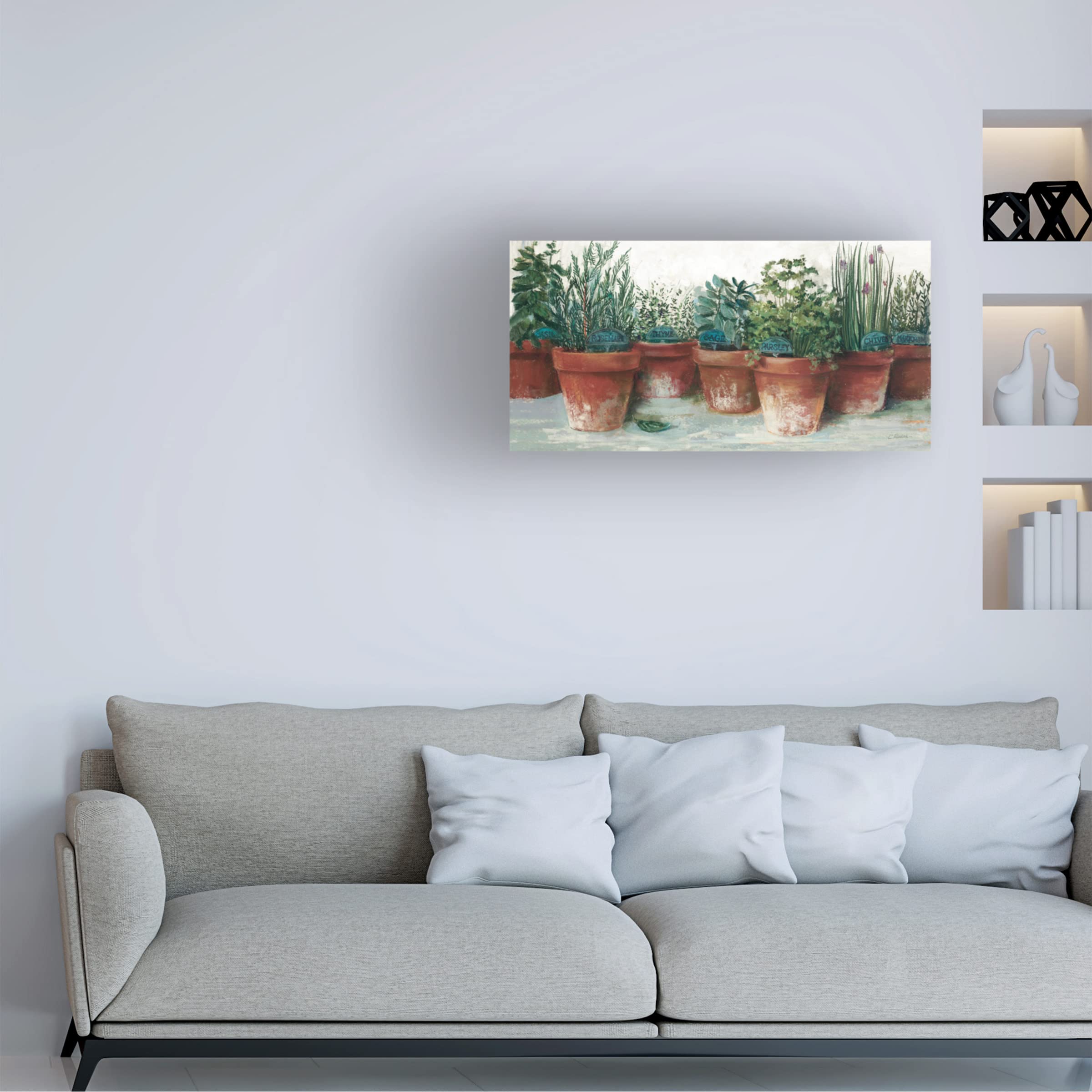 Carol Rowan 'Pots of Herbs II White' Floral Canvas Wall Art Print - 24x47 Inches, Modern Home Decor for Living Room, Bedroom & Office