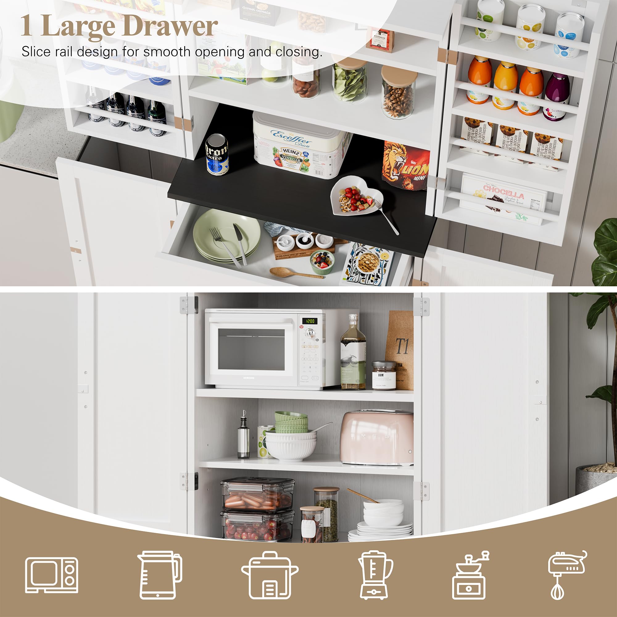 Rustic 6-Tier Wood Pantry Storage Cabinet with Barn Doors, Drawer & Adjustable Shelves - White Kitchen Cupboard for Dining Room, Living Room, Bathroom | Perfect for Organizing Spices, Dishes & Home Essentials