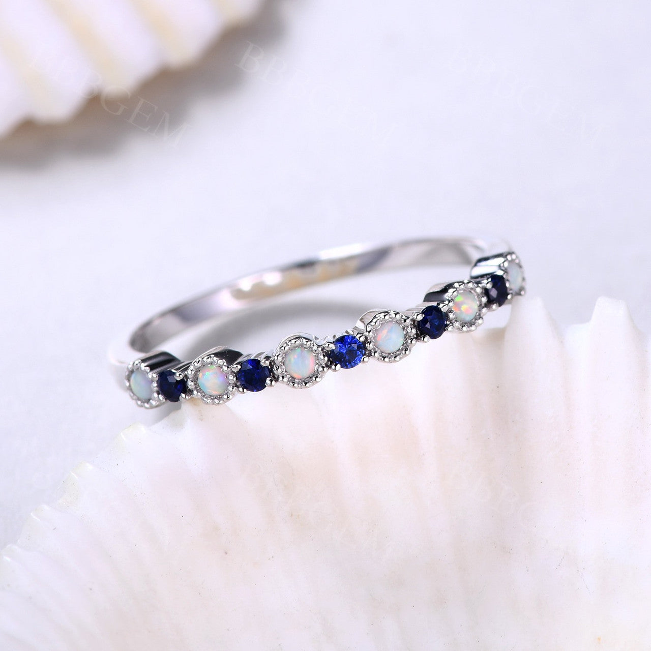 Dainty Round Cut Opal & Sapphire Wedding Band - Milgrain Detailing in Rose Gold - Perfect for Engagement, Anniversary & Bridal Jewelry Gifts