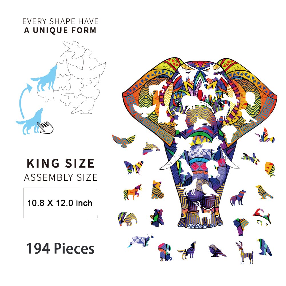 194-Piece Wooden Jigsaw Puzzle for Adults - Unique Animal-Shaped Elephant Puzzle, Laser-Cut Wooden Brain Teaser, Perfect Gift & Family Game (10.8x12 Inch) - Great for Stress Relief, Cognitive Training & Family Bonding Activities