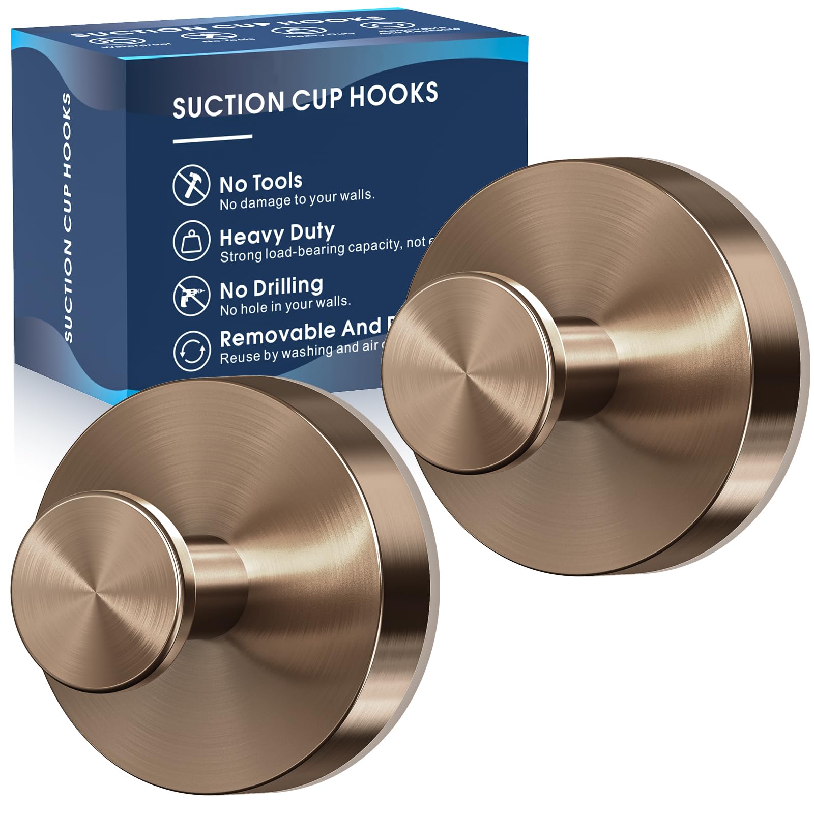 2Pcs Suction Cup Hooks for Shower - Heavy Duty Bathroom Wall Hooks for Towels, Robes & Loofah - Works on Glass, Mirror & Tile - Champagne Bronze Finish | Perfect for Kitchen, Bathroom & Home Organization