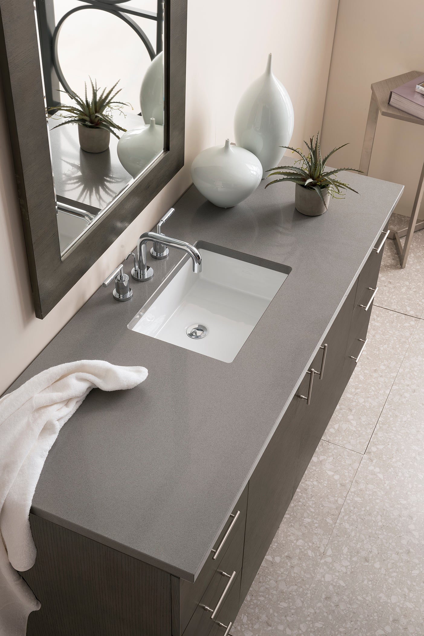 Metropolitan 60 Inch Single Bathroom Vanity Set in Silver Oak with 3CM Grey Expo Quartz Countertop - Perfect for Modern Master Bathrooms and Powder Rooms