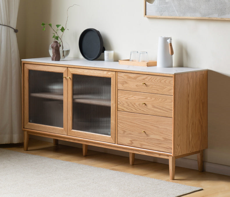 Solid Oak Wood Sideboard Buffet Cabinet - Rustic Dining Room Storage for Dishes, Linens & Entertaining Essentials