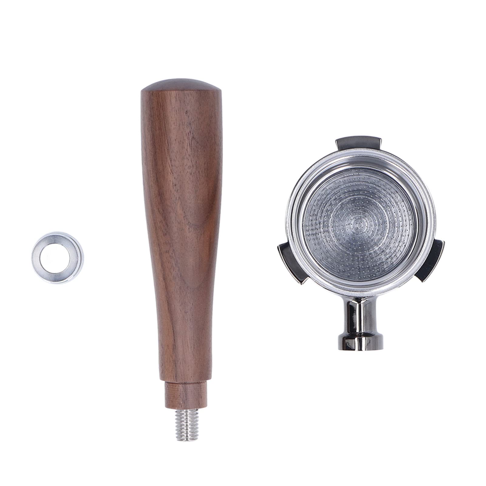 Premium Zinc Alloy Bottomless Coffee Filter Holder with Ultra-Fine Reusable Filter - Wood Texture Design for Espresso Machines - Perfect for Home Baristas & Coffee Shops