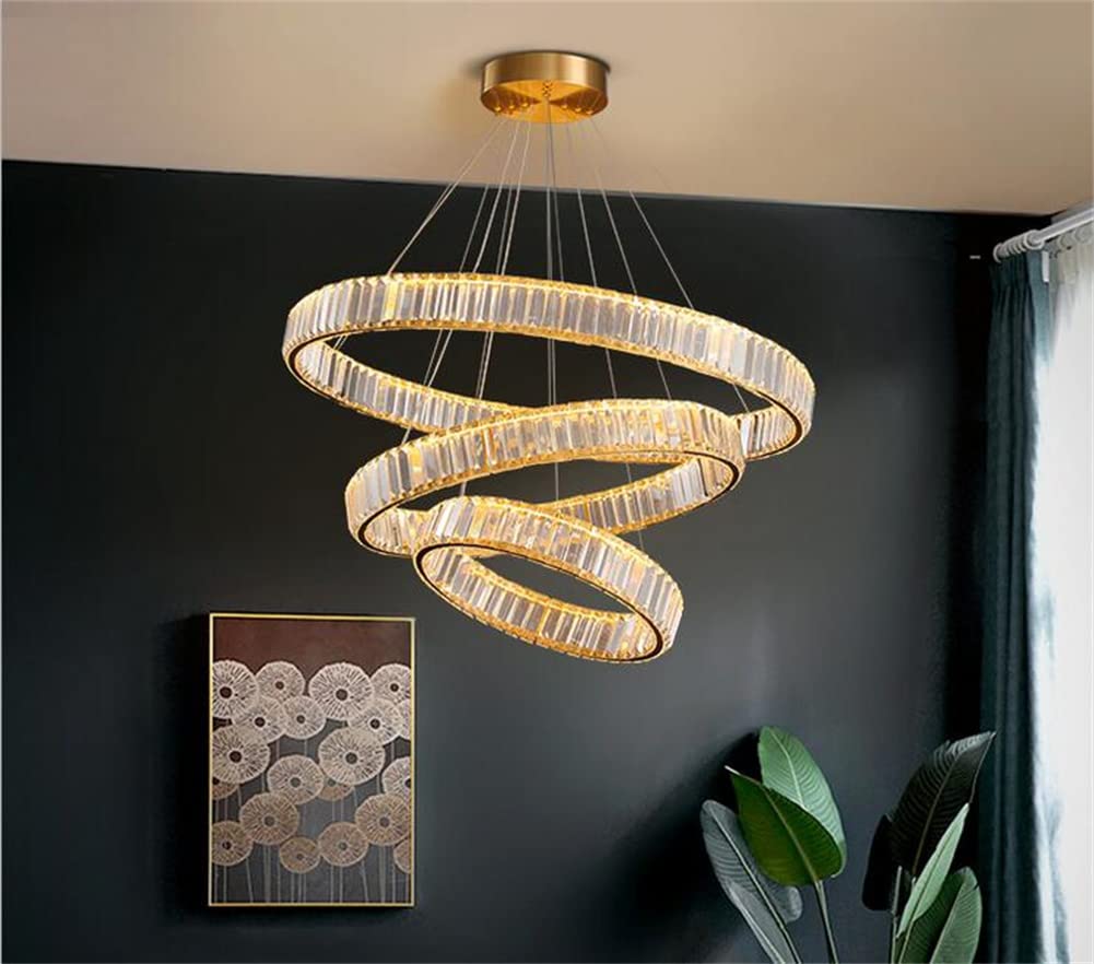 Modern Crystal Chandelier - 3 Ring LED Gold Pendant Light with Adjustable Stainless Steel Hanging Fixture, Warm White Light for Living Room Bedroom Dining Room | Elegant Home Decor & Wedding Venue Lighting