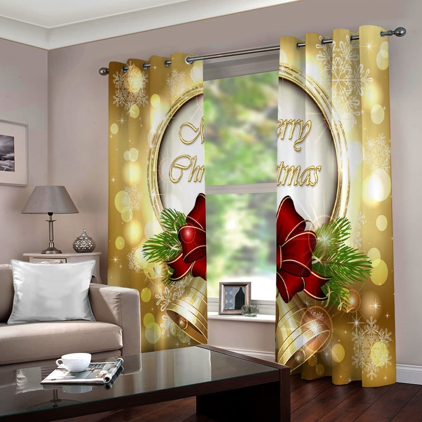 Gold Christmas Themed Bay Window Curtains with Bells - 104x96 Inch Polyester Small Window Treatment for Holiday Decor | Perfect for Living Room, Bedroom & Seasonal Home Décor