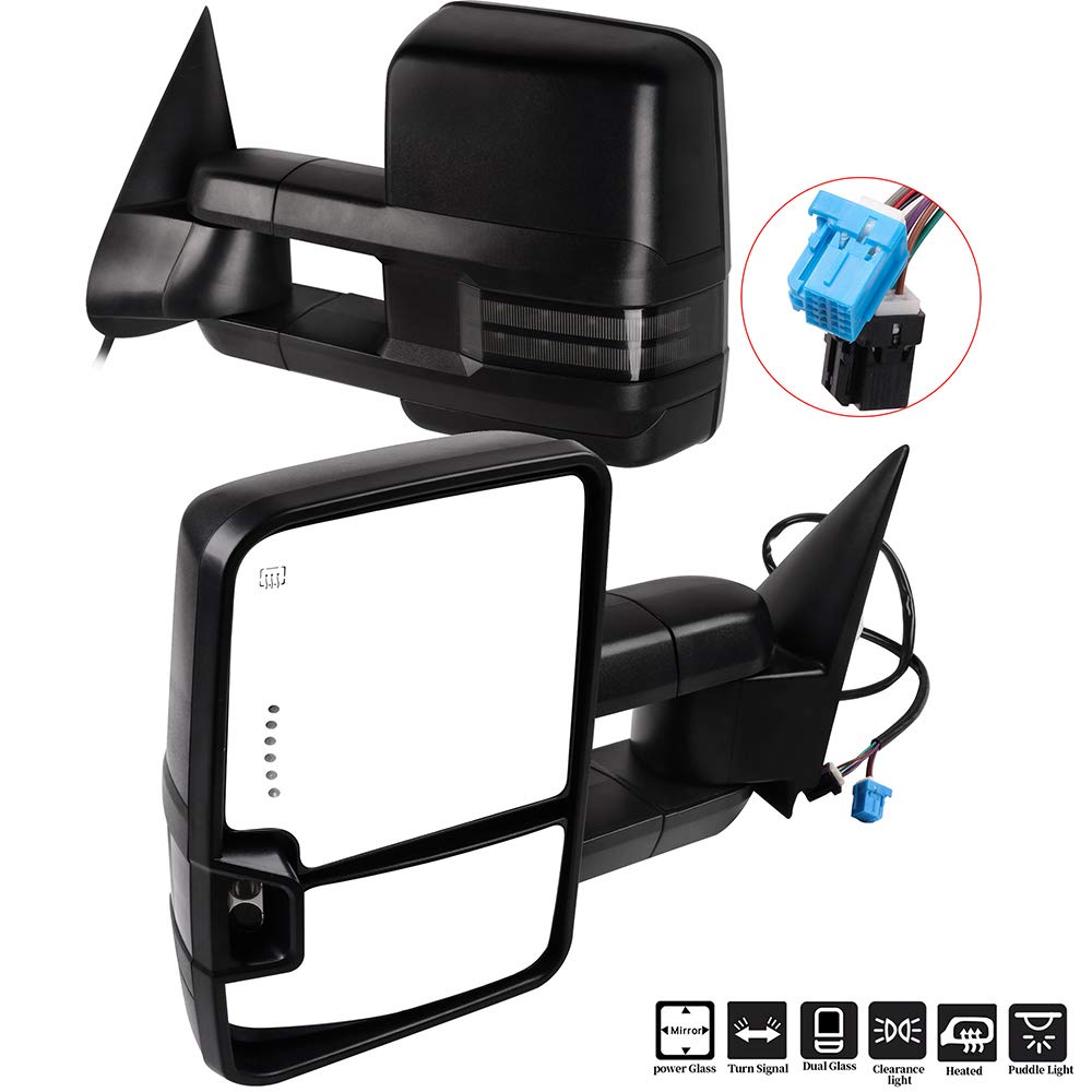 Heated Power-Adjustable Towing Mirrors for 2003-2006 Chevy Silverado & GMC Sierra Pickup Trucks - Black Cap, LED Turn Signal, Puddle Light - Perfect for Towing, Camping & Off-Road Adventures (Pair, LH & RH)