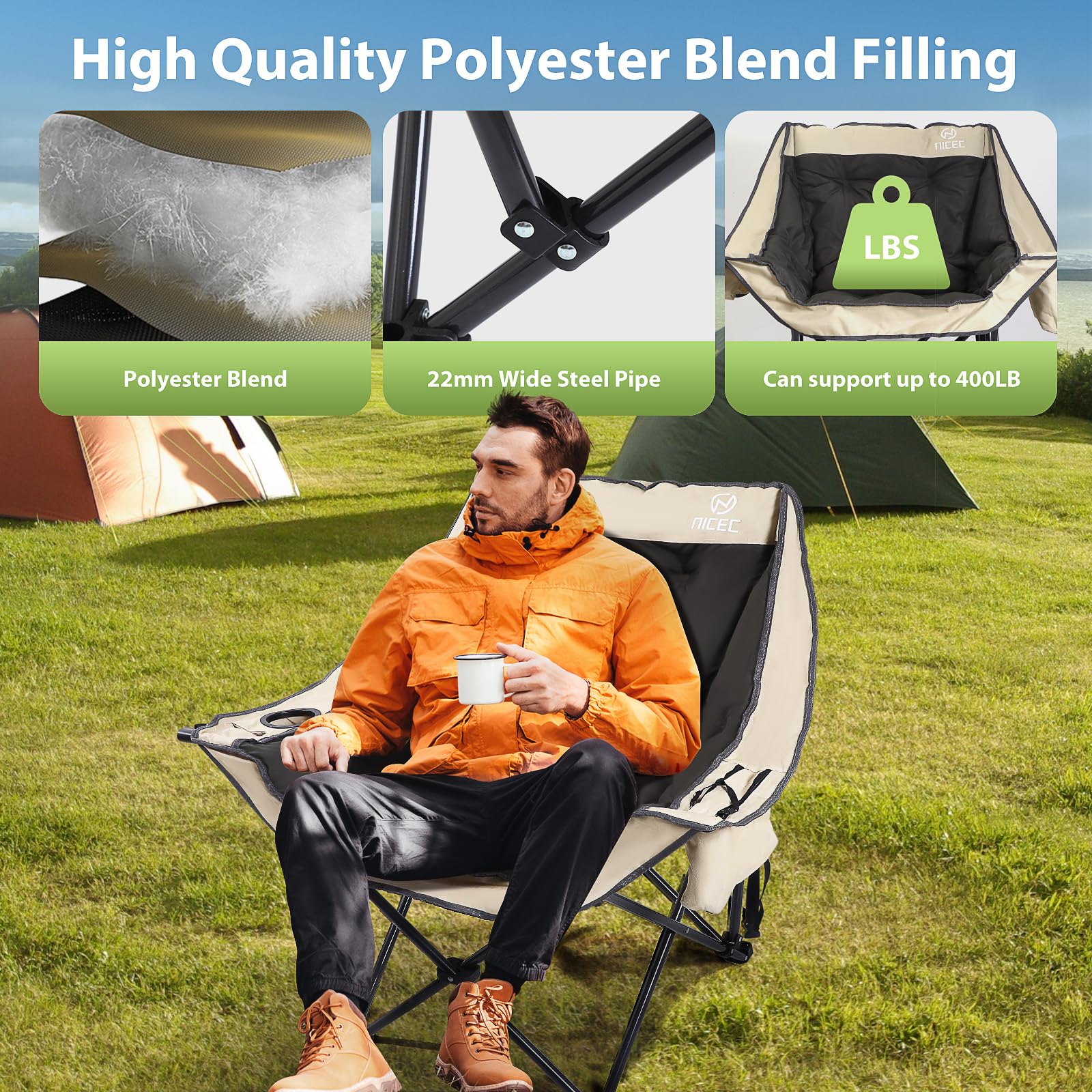 Heavy Duty Oversized Padded Camping Chair for Adults - Foldable Lawn Chair with Cooler Bag & Thick Padding (2-Pack) - Perfect for Backyard, Beach, Picnics & Outdoor Events