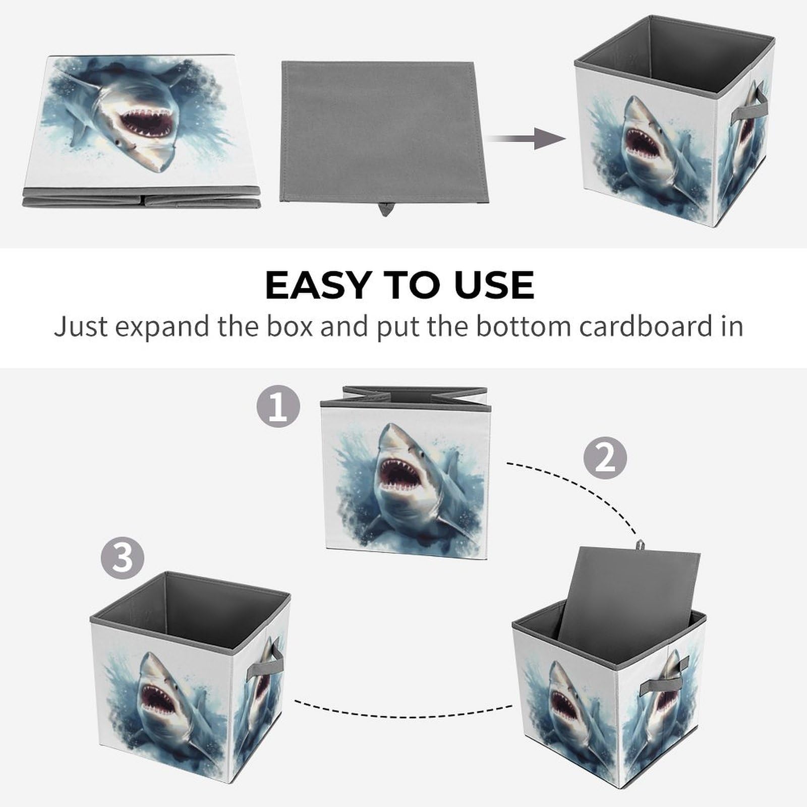 Collapsible Storage Cubes with Handles - 10.6×10.6 Inch Foldable Organizer Bins | Shark in The Sea Printed Fabric Baskets for Home, Office & Kids Room Organization