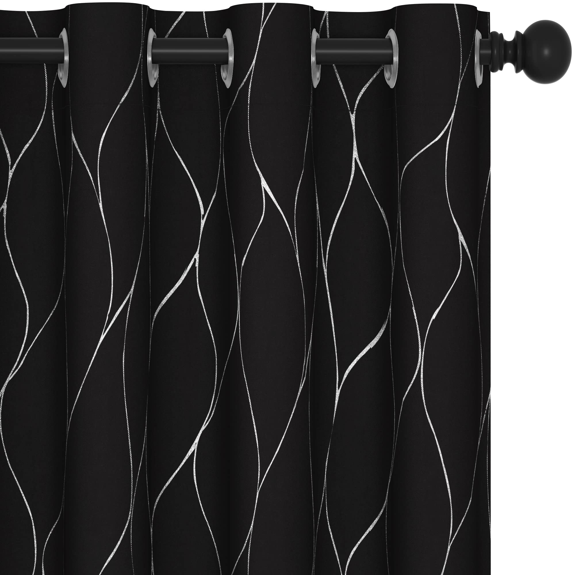 Deconovo Silver Wave Foil Printed Blackout Curtains - Thermal Insulated Grommet Window Drapes for Bedroom & Nursery (52x54 Inches, Set of 2 Panels, Black) | Noise Reducing & Energy Saving Room Darkening Curtains for Better Sleep & Privacy