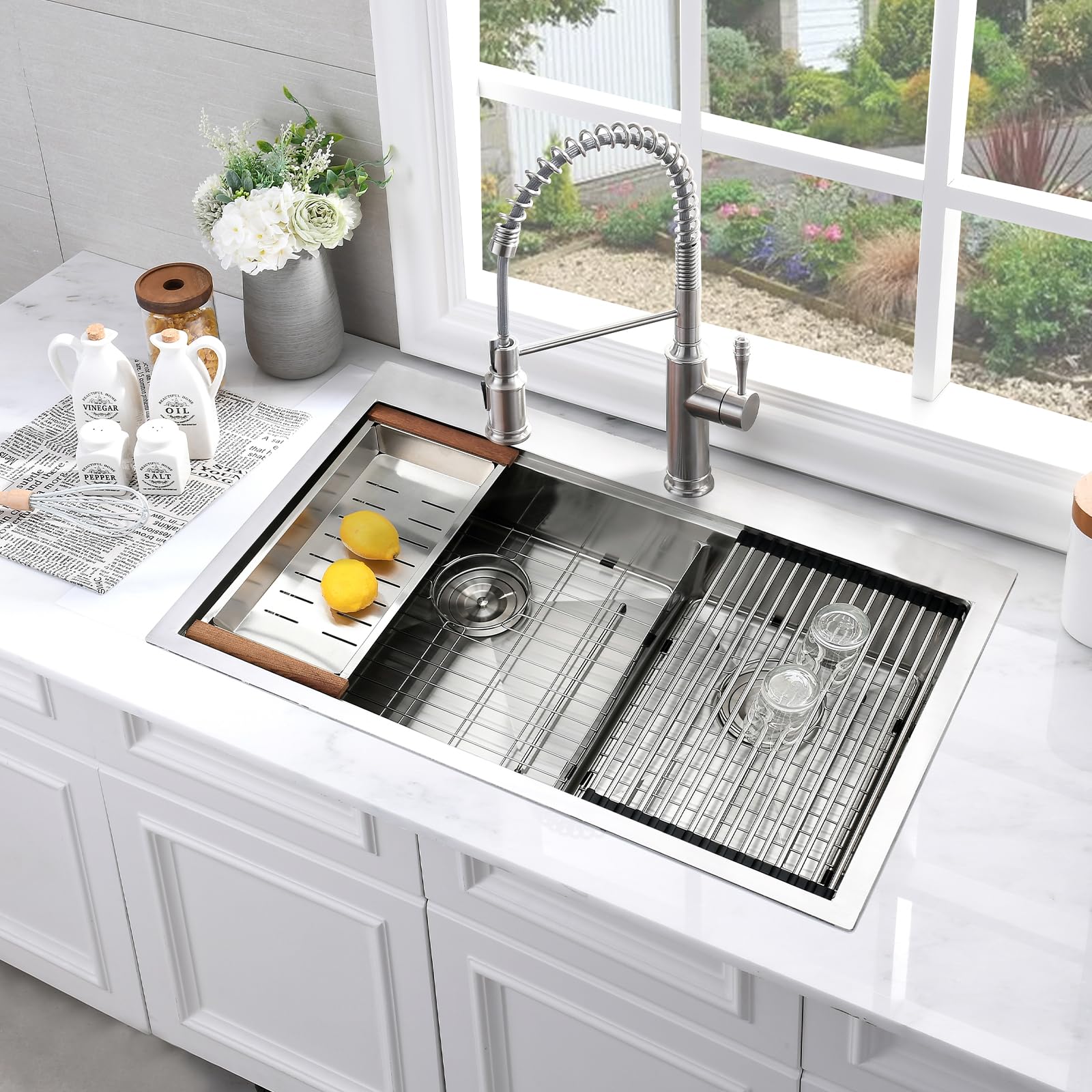 33x22 Inch Drop-In Double Bowl Kitchen Sink Workstation - 16 Gauge Stainless Steel with 60/40 Low Divider & Cutting Board - Perfect for Meal Prep, Washing Dishes, and Modern Kitchen Renovations