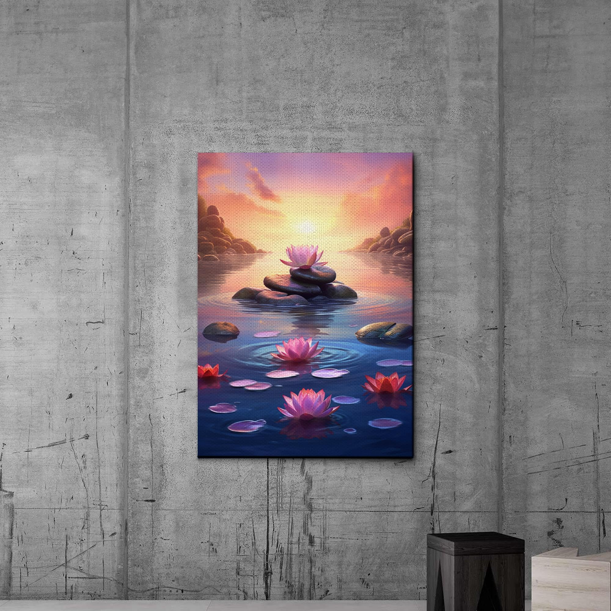 Zen Wall Art Decor - Framed Canvas Zen Garden with Stone Flower & Peaceful Water Sunset Print - Meditation & Yoga Room Decor for Home, Office, Spa - Perfect for Relaxation & Mindfulness Spaces
