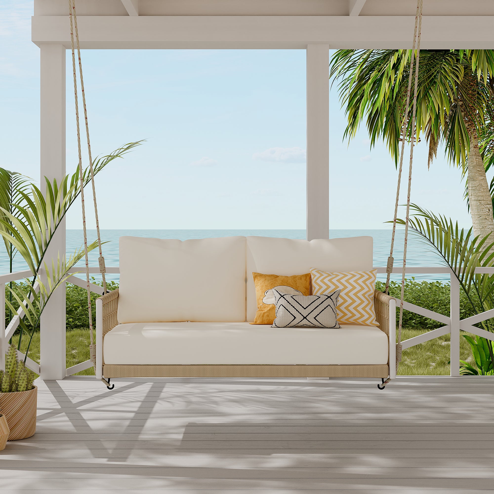 1 Piece Woven Rope Outdoor Swing Sofa with Soft Cushions - Seats 2 People - Perfect for Patio, Garden, Backyard, Balcony & Poolside Relaxation (Beige)