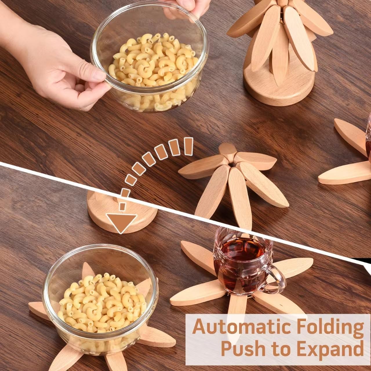 Premium Wooden Tripod Stand for Hot Dishes, Pots & Bowls - 4 Wooden Tripods + 1 Vertical Stand Set with Walnut Table Mat - Perfect for Serving Hot Pots, Teapots & Dishes at Dinner Parties & Family Gatherings (White)