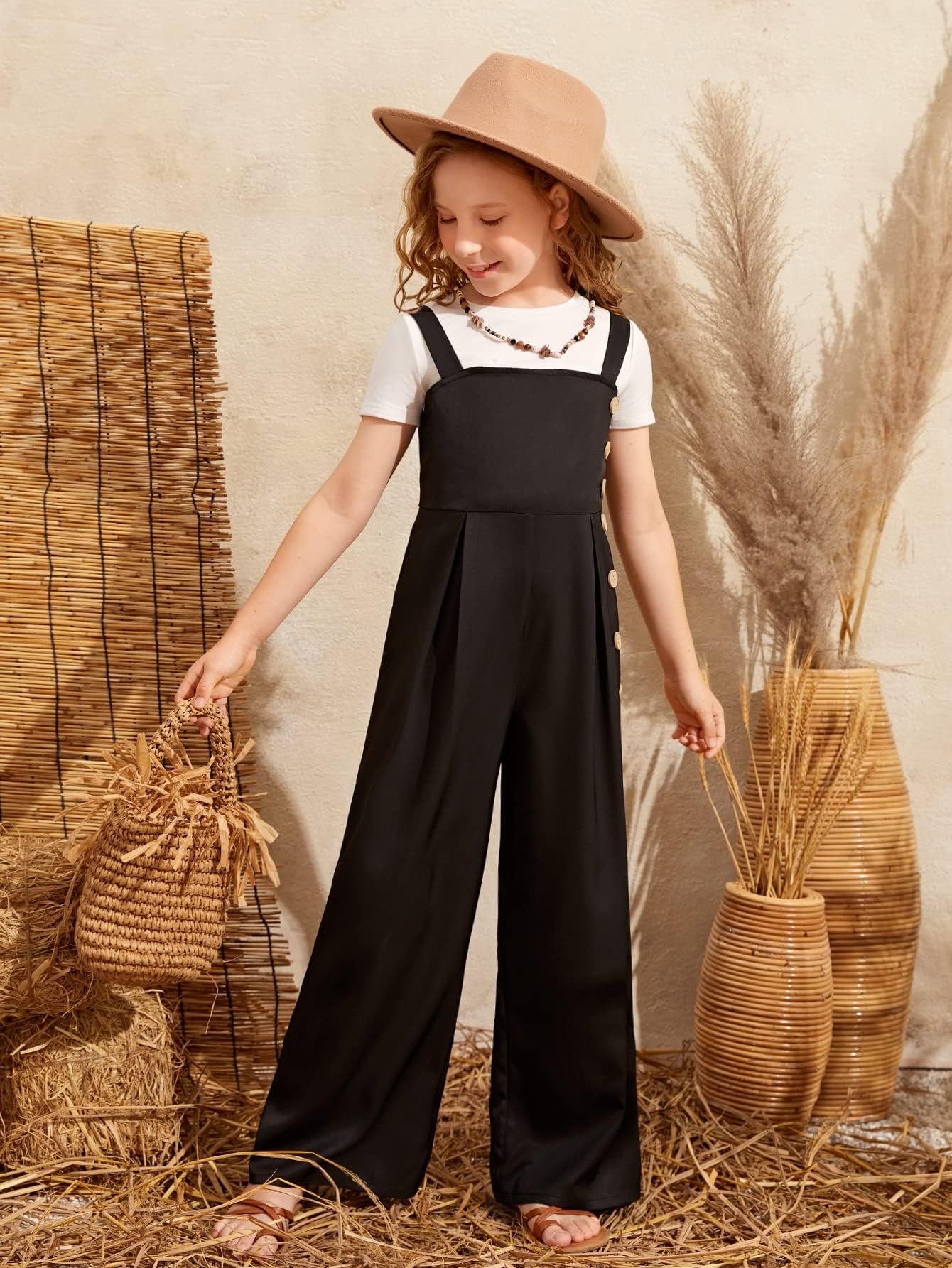 SHENHE Girls Sleeveless Denim Overalls - High Waisted Button Down Jumpsuit with Wide Leg & Adjustable Suspenders | Casual Outfit for School, Playdates & Summer Adventures